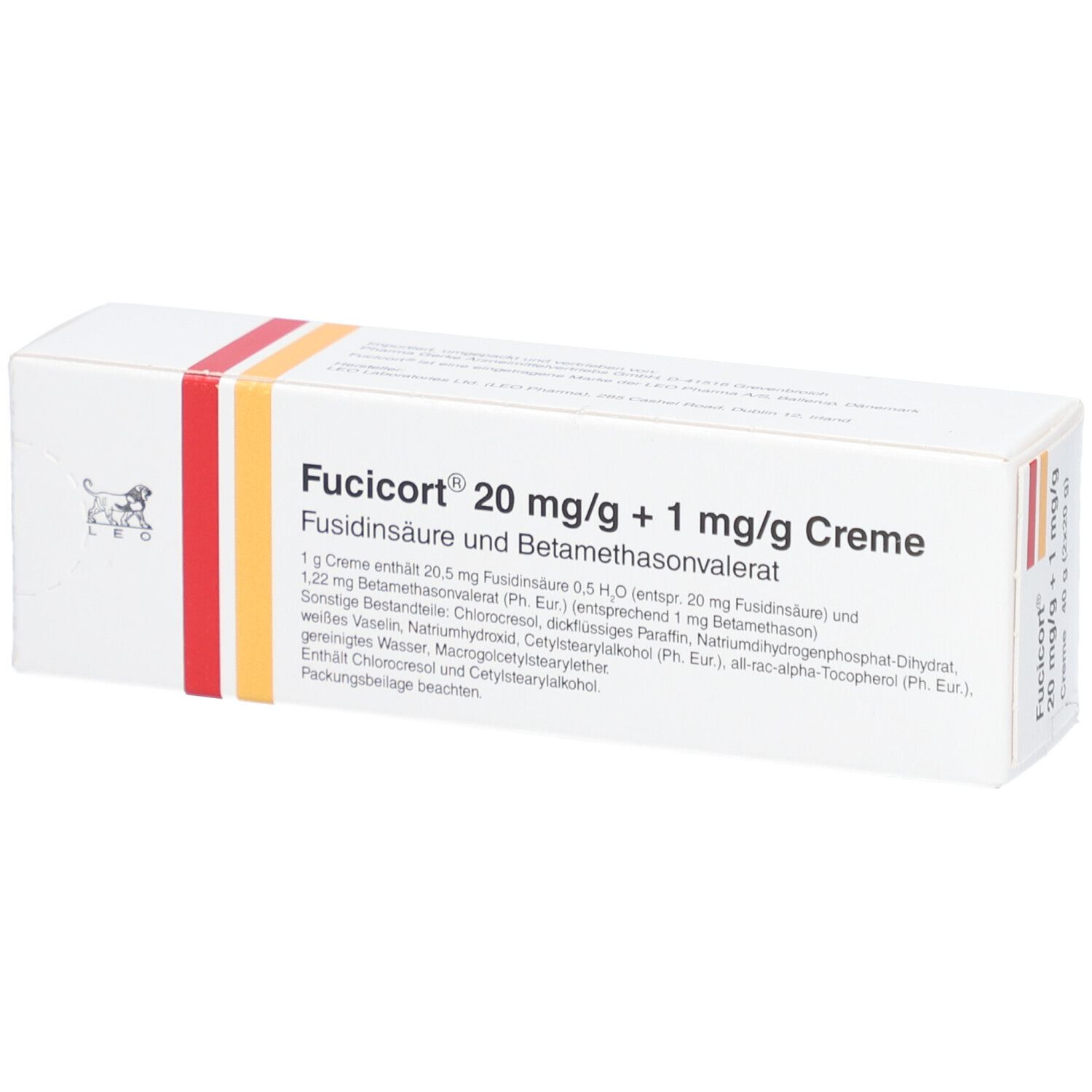 Weiße Faltschachtel mit Fucicort 20 mg/g + 1 mg/g Creme. Inhaltsstoffe und weitere Informationen. Logo: Löwe.