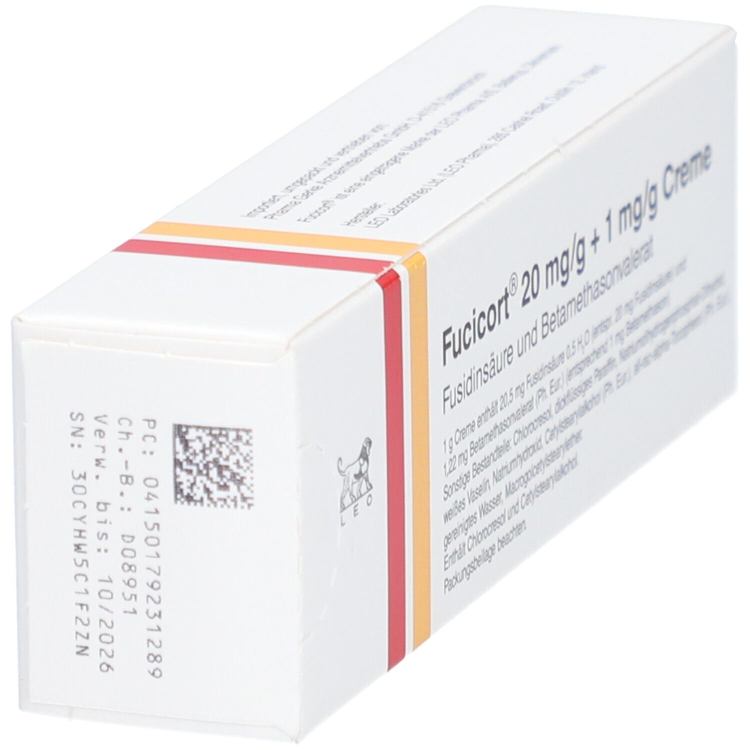 Weiße Faltschachtel mit Fucicort 20 mg/g + 1 mg/g Creme. Rückseite mit Barcode und Chargennummer. Logo: Löwe.
