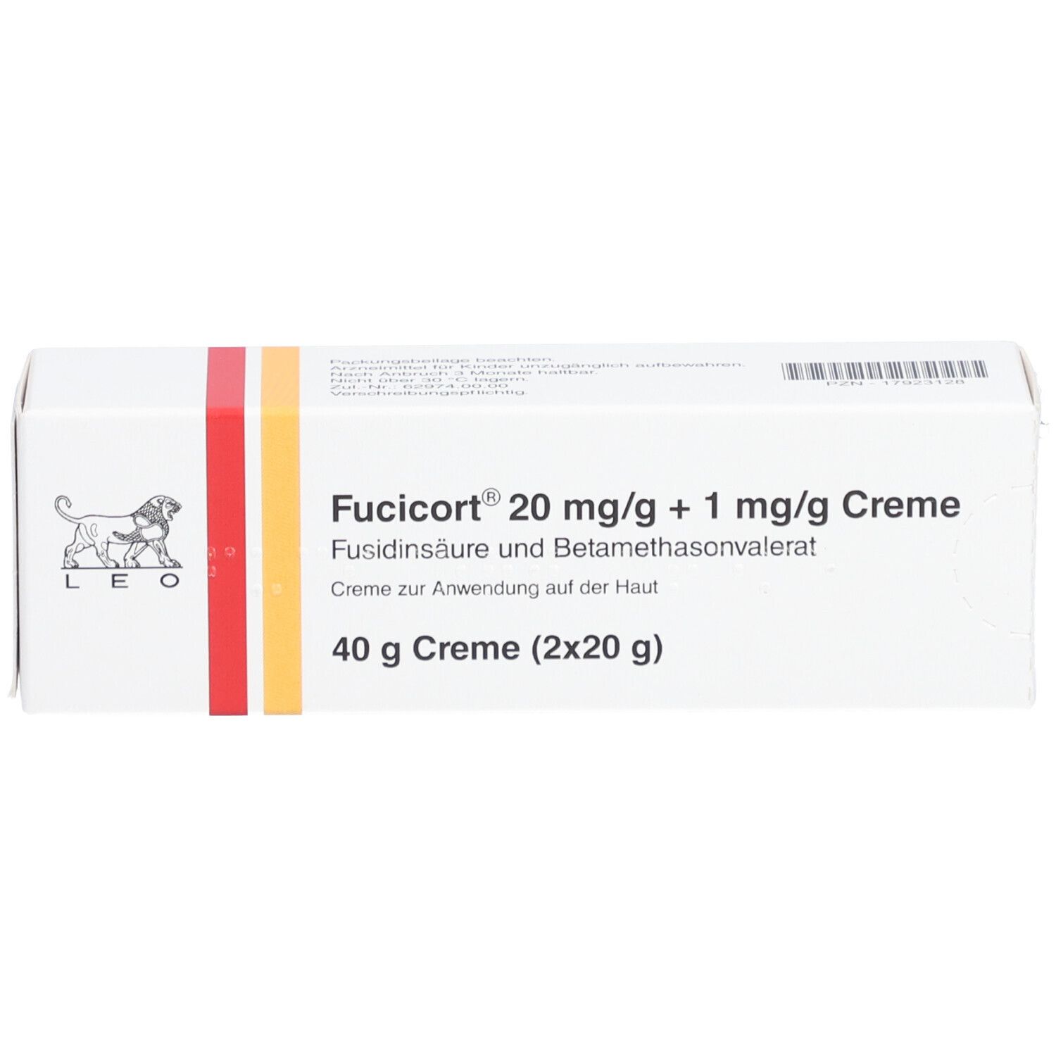 Weiße Faltschachtel mit Fucicort 20 mg/g + 1 mg/g Creme. Enthält 40 g Creme (2x20 g). Logo: Löwe.