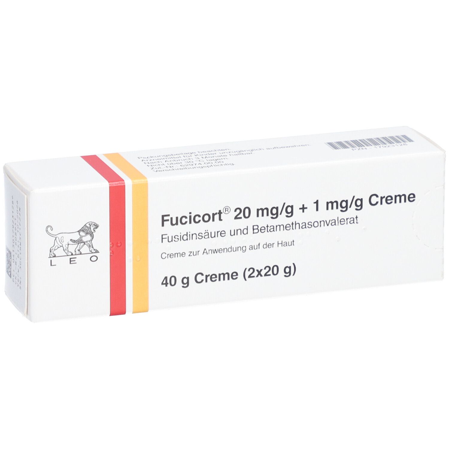 Weiße Faltschachtel mit Fucicort 20 mg/g + 1 mg/g Creme. Enthält 40 g Creme (2x20 g). Logo: Löwe.