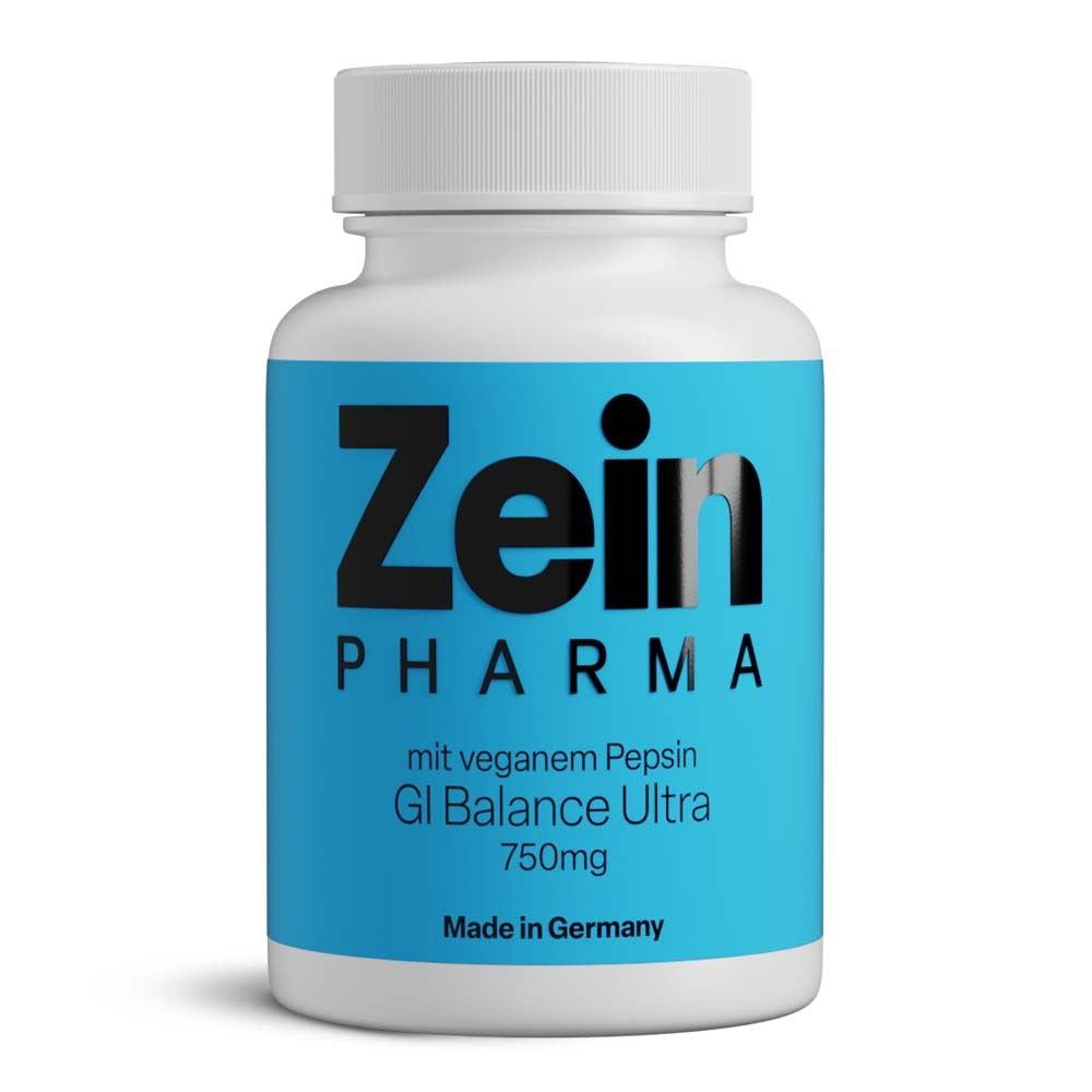 Weiße Flasche mit blauem Etikett. Zein Pharma, GI Balance Ultra 750mg. Made in Germany.