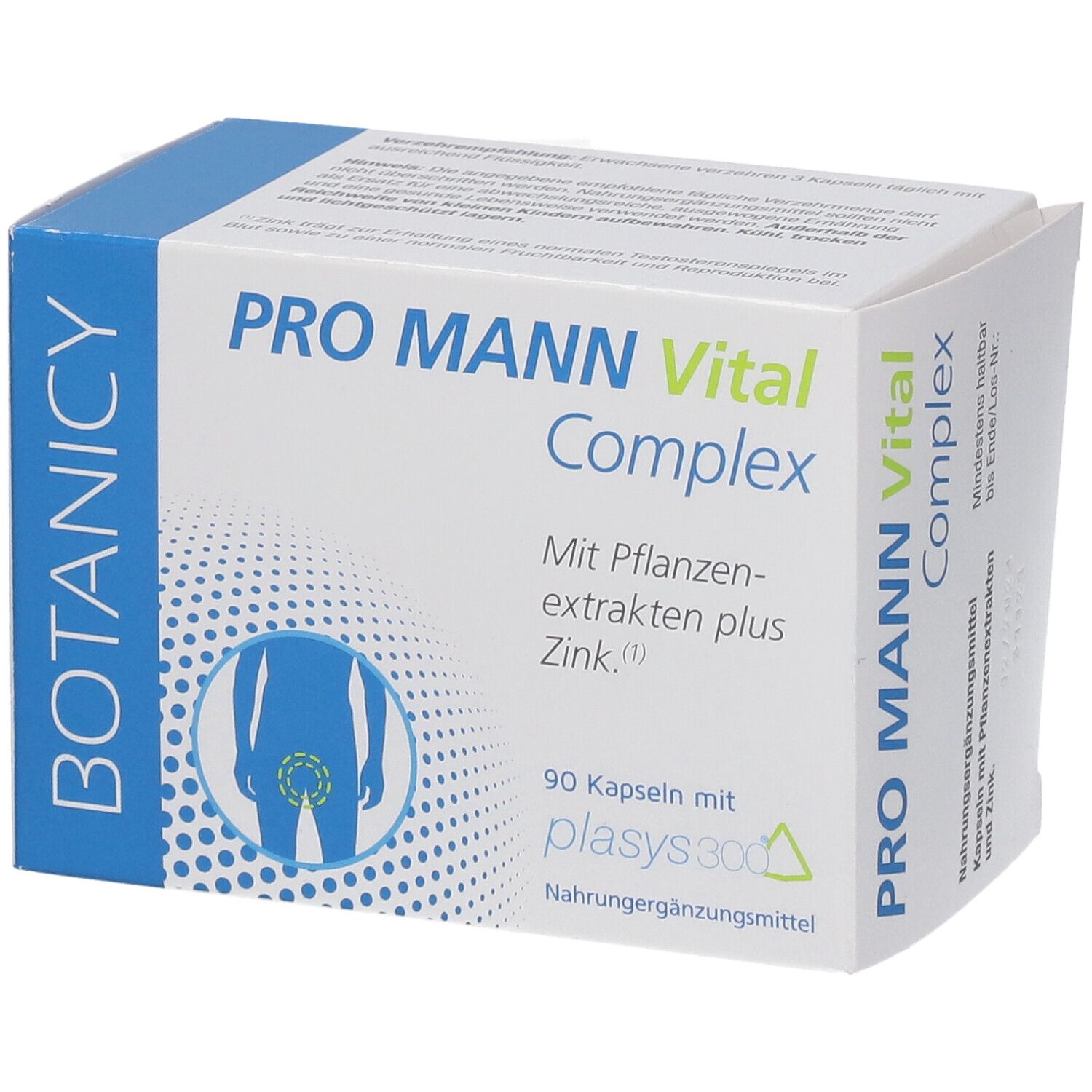 PRO MANN Vital Complex. Verpackung. 90 Kapseln. Nahrungsergänzungsmittel. Blaue und weiße Gestaltung.