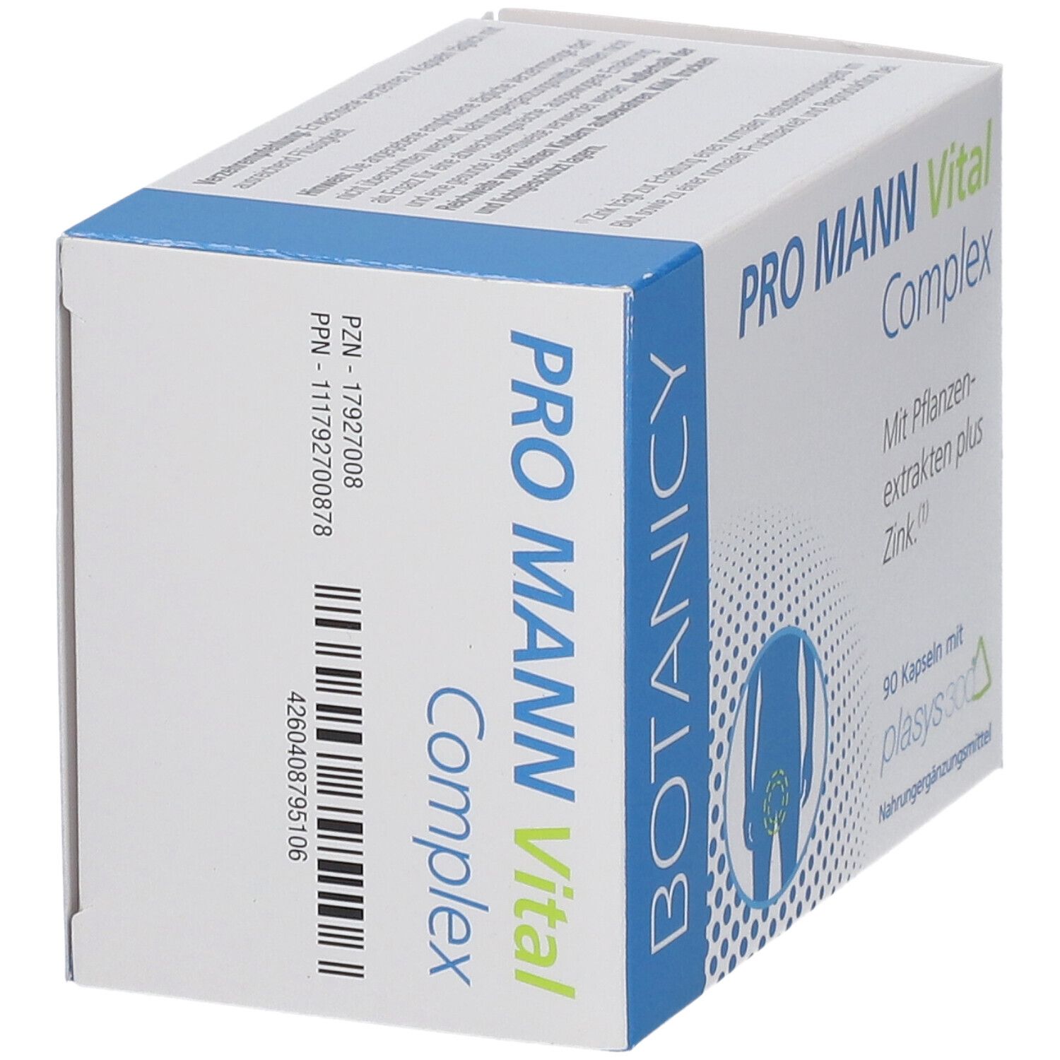 PRO MANN Vital Complex. Verpackung. Rückseite mit Barcode und Produktinformationen. Blaue und weiße Gestaltung.