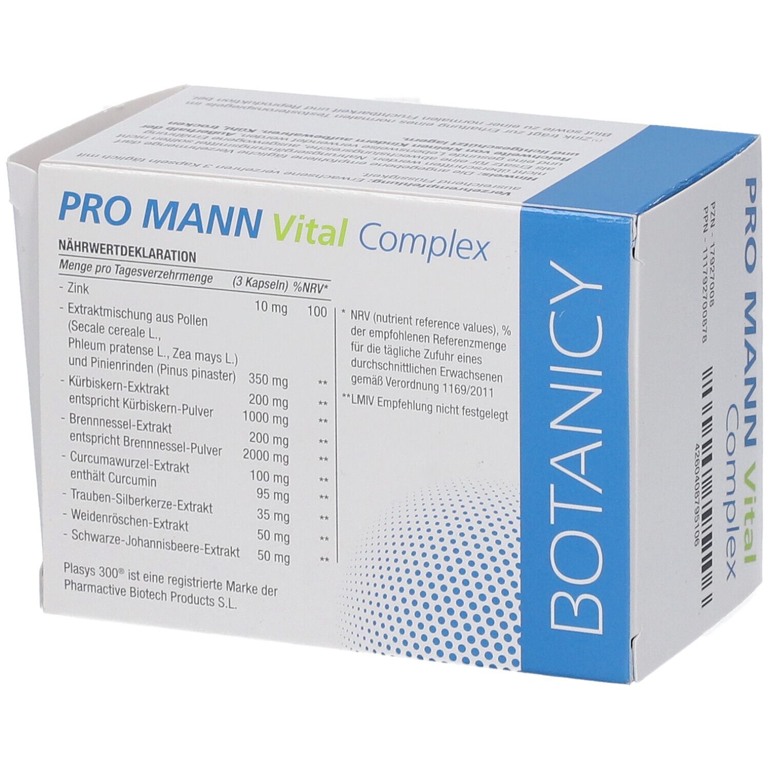 PRO MANN Vital Complex. Verpackung. Nährwertdeklaration. Inhaltsstoffe und Nährwerte. Blaue und weiße Gestaltung.