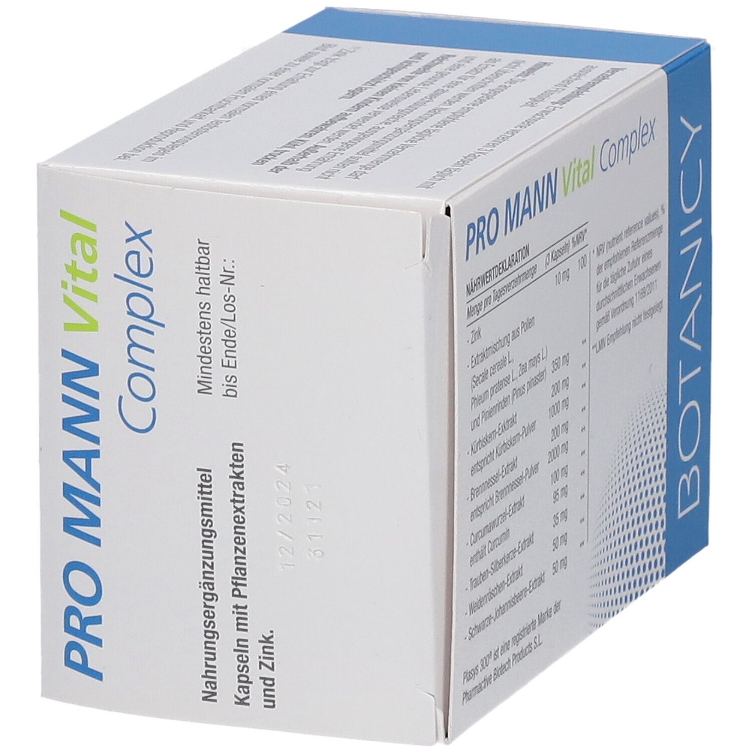PRO MANN Vital Complex. Verpackung. Mindestens haltbar bis. Kapseln mit Pflanzenextrakten und Zink. Blaue Gestaltung.