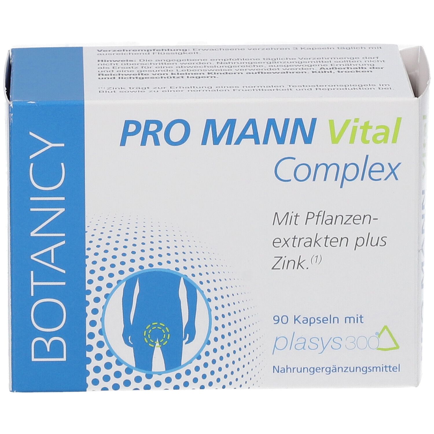 PRO MANN Vital Complex. Verpackung. 90 Kapseln. Nahrungsergänzungsmittel. Blaue und weiße Gestaltung.