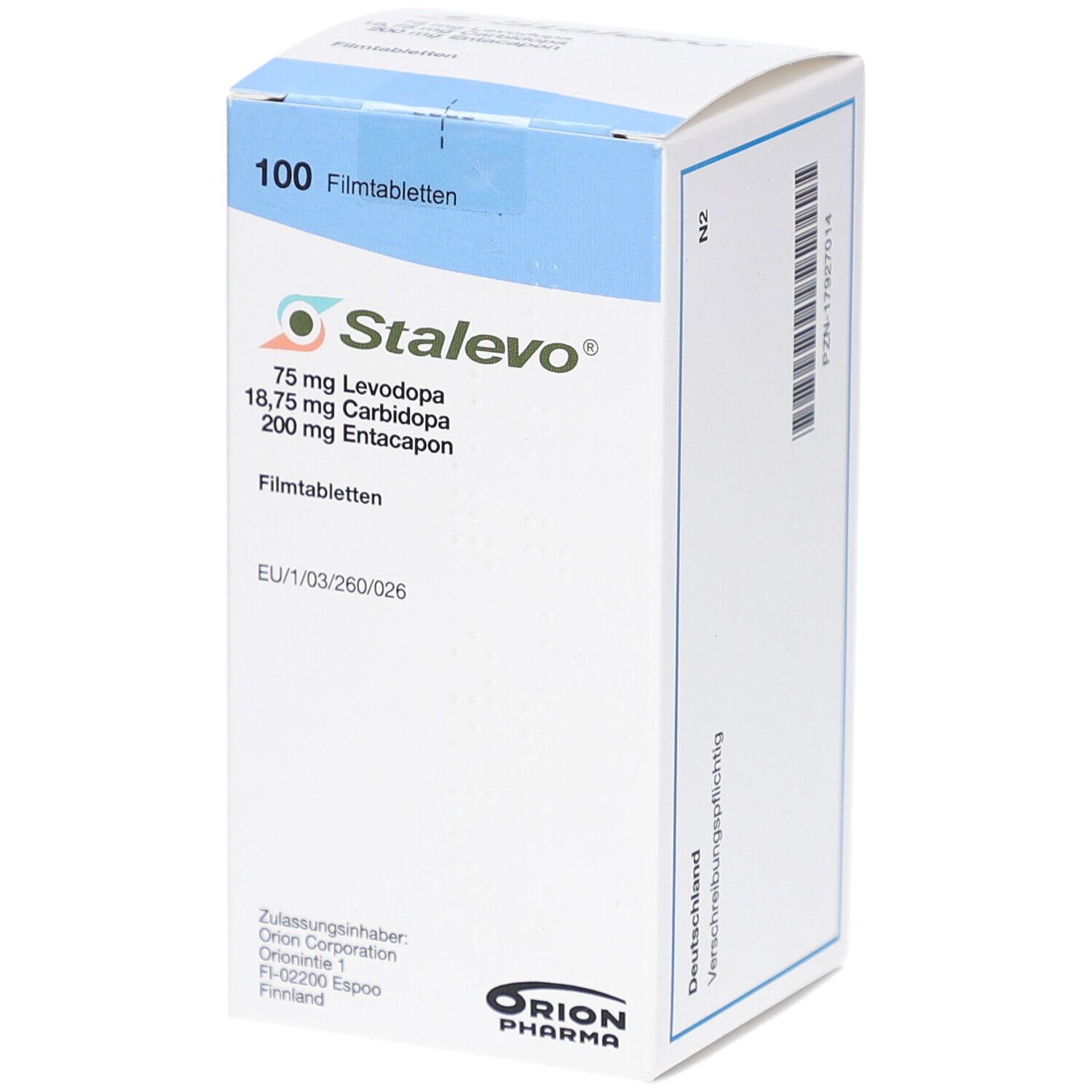 Schachtel mit STALEVO Filmtabletten. Enthält 75 mg Levodopa, 18,75 mg Carbidopa, 200 mg Entacapon. 100 Tabletten. Orion Pharma.