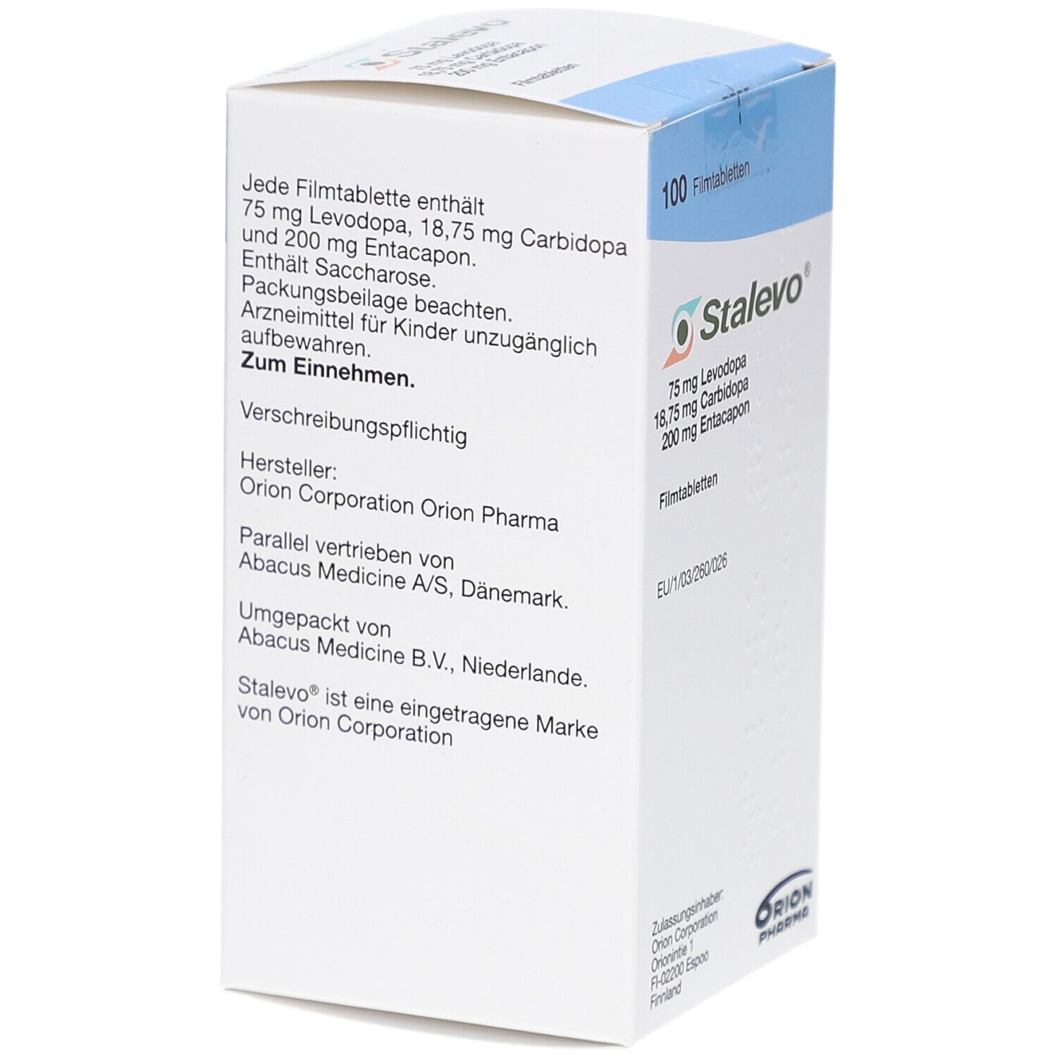 Rückseite der STALEVO-Schachtel. Enthält Informationen zu Inhaltsstoffen, Hersteller und Vertrieb. 100 Filmtabletten. Orion Pharma.