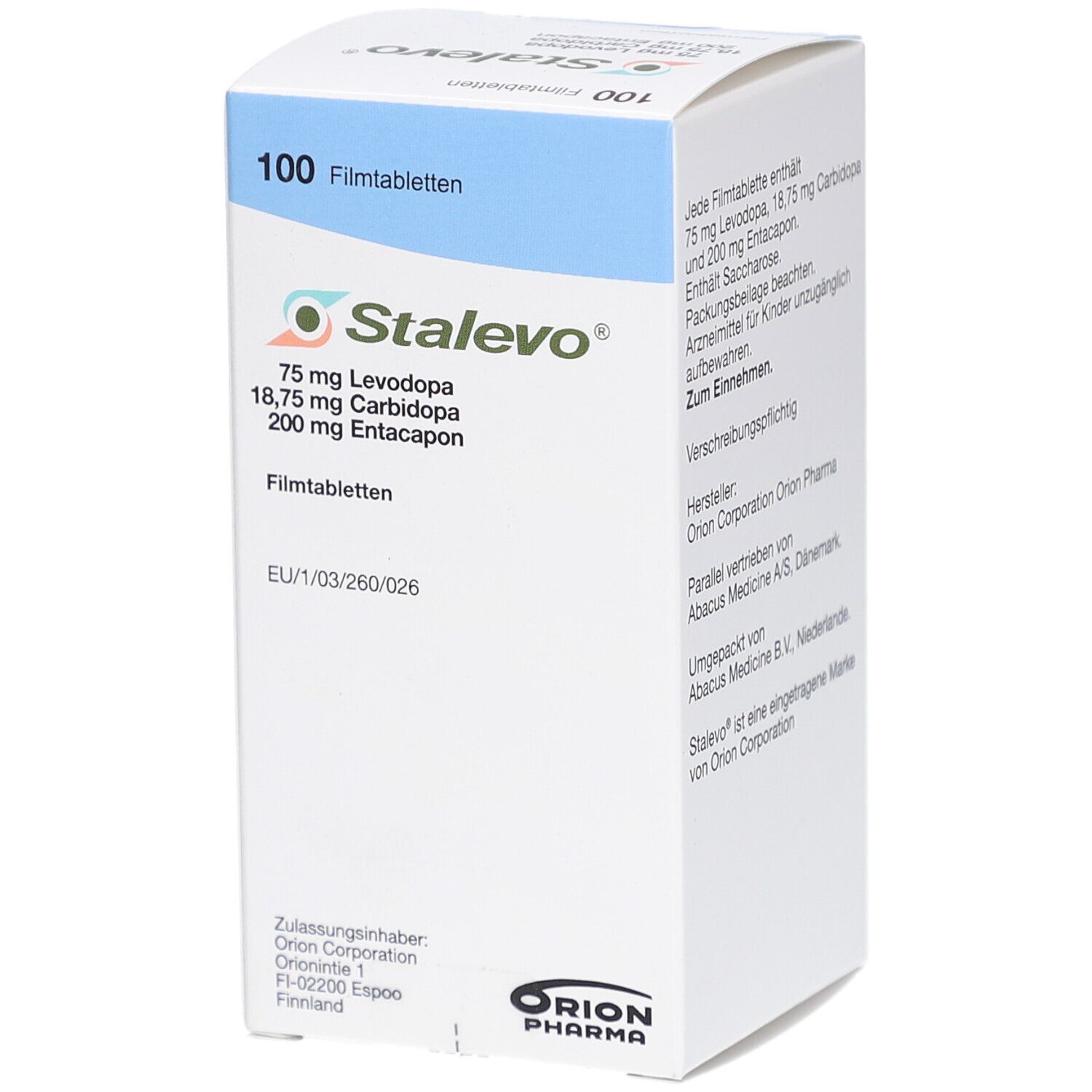 STALEVO-Schachtel mit 100 Filmtabletten. Enthält 75 mg Levodopa, 18,75 mg Carbidopa, 200 mg Entacapon. Orion Pharma.