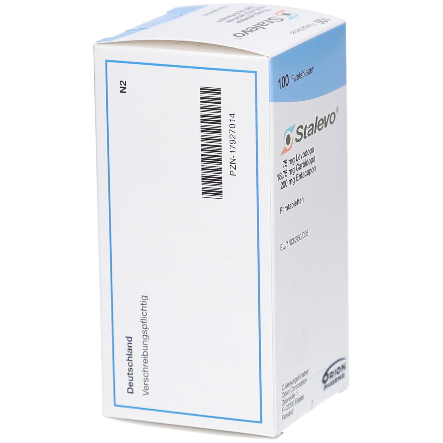 Schachtel STALEVO, Seitenansicht. Barcode und weitere Informationen. 100 Filmtabletten. Orion Pharma.