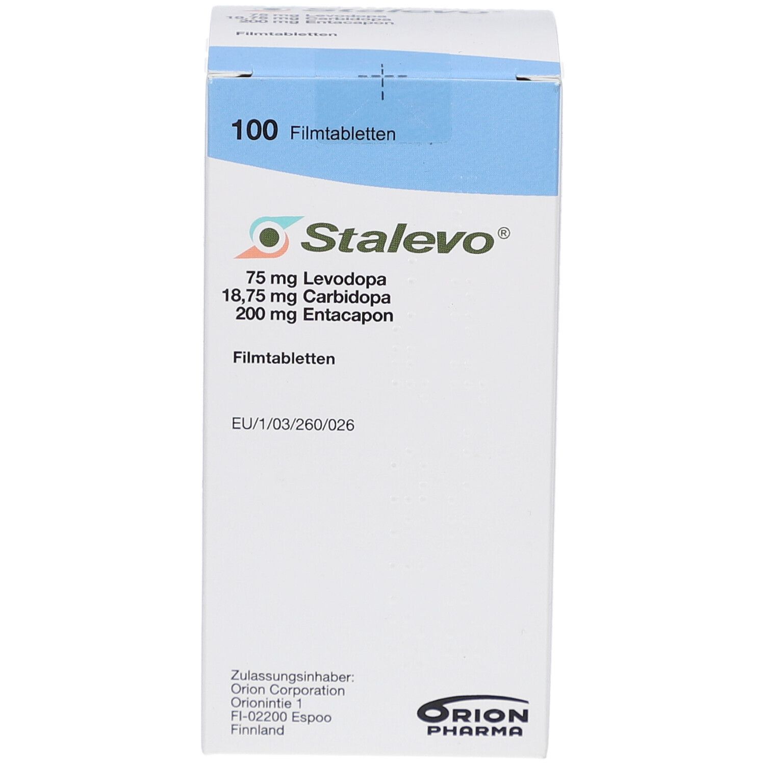 STALEVO-Schachtel mit 100 Filmtabletten. Enthält 75 mg Levodopa, 18,75 mg Carbidopa, 200 mg Entacapon. Orion Pharma.