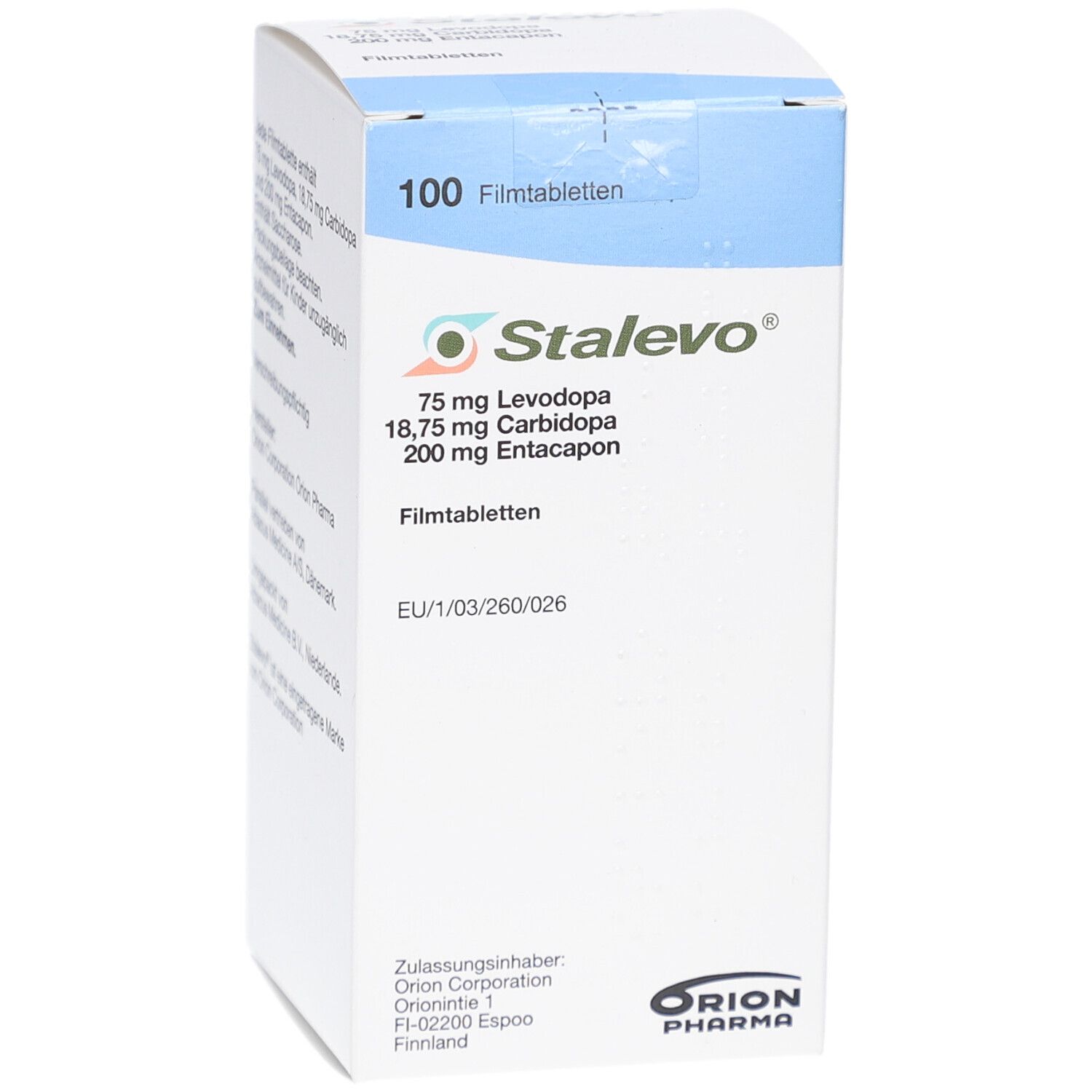 STALEVO-Schachtel mit 100 Filmtabletten. Enthält 75 mg Levodopa, 18,75 mg Carbidopa, 200 mg Entacapon. Orion Pharma.