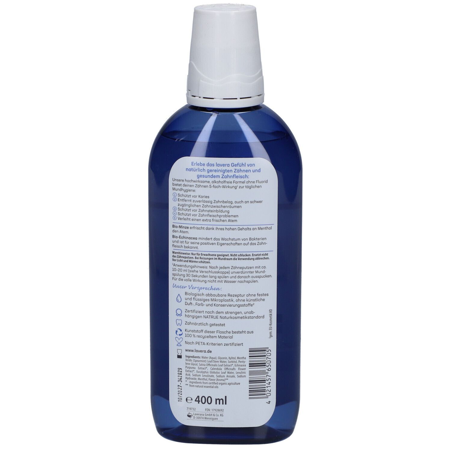 Rückseite der blauen Flasche. Text in deutscher Sprache. Enthält Informationen zum Produkt und Inhaltsstoffen. Volumen: 400 ml.