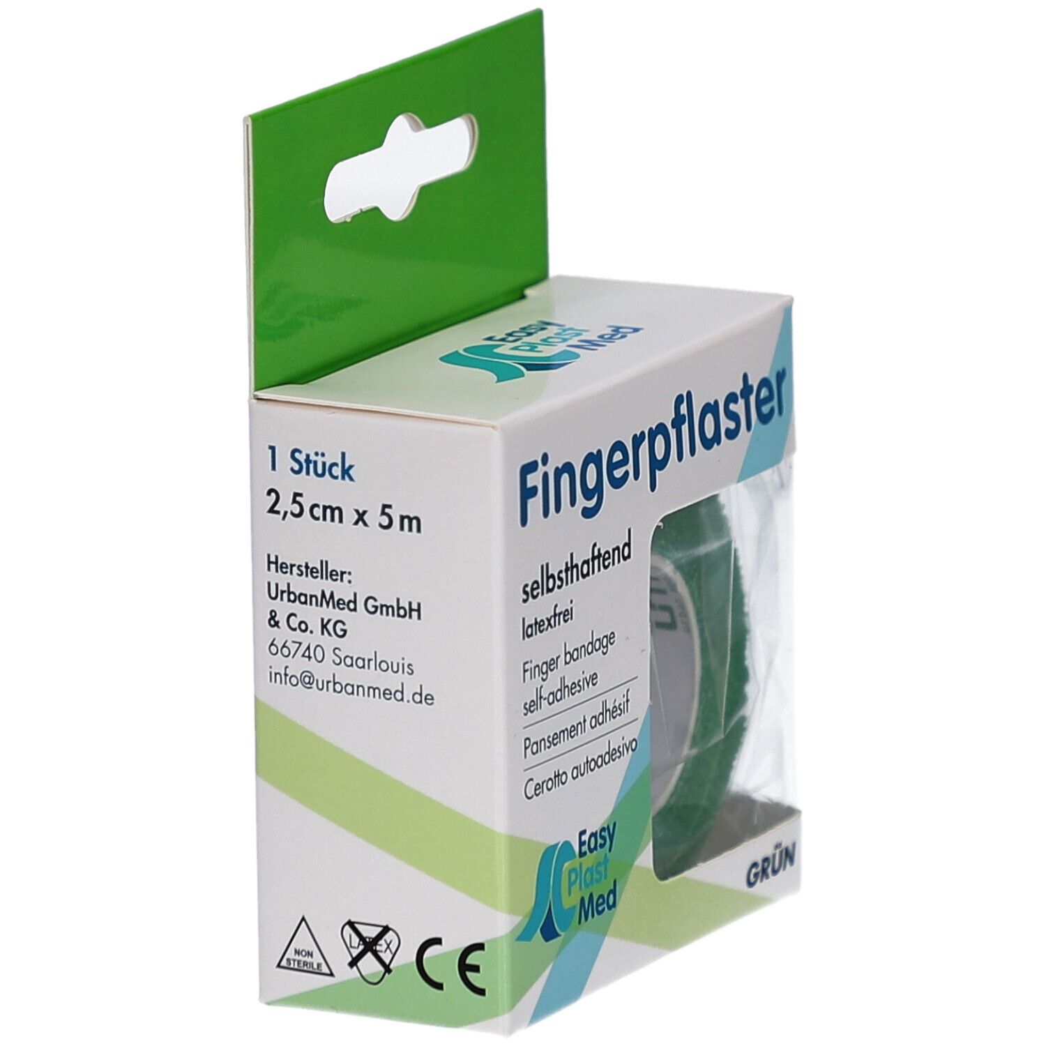 Verpackung mit grünem Fingerpflaster. Selbsthaftend, 2,5cm x 5m. Marke Easy Plast Med. Sichtfenster. Hersteller UrbanMed GmbH.