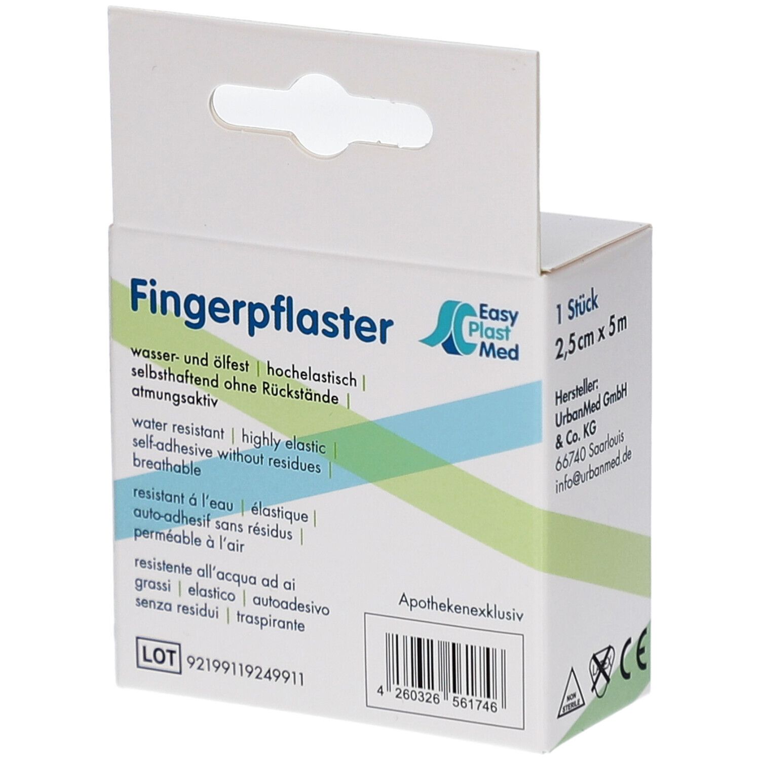 Verpackung mit Produktinformationen. Fingerpflaster, 2,5cm x 5m. Wasser- und ölfest, atmungsaktiv. Hersteller UrbanMed GmbH.