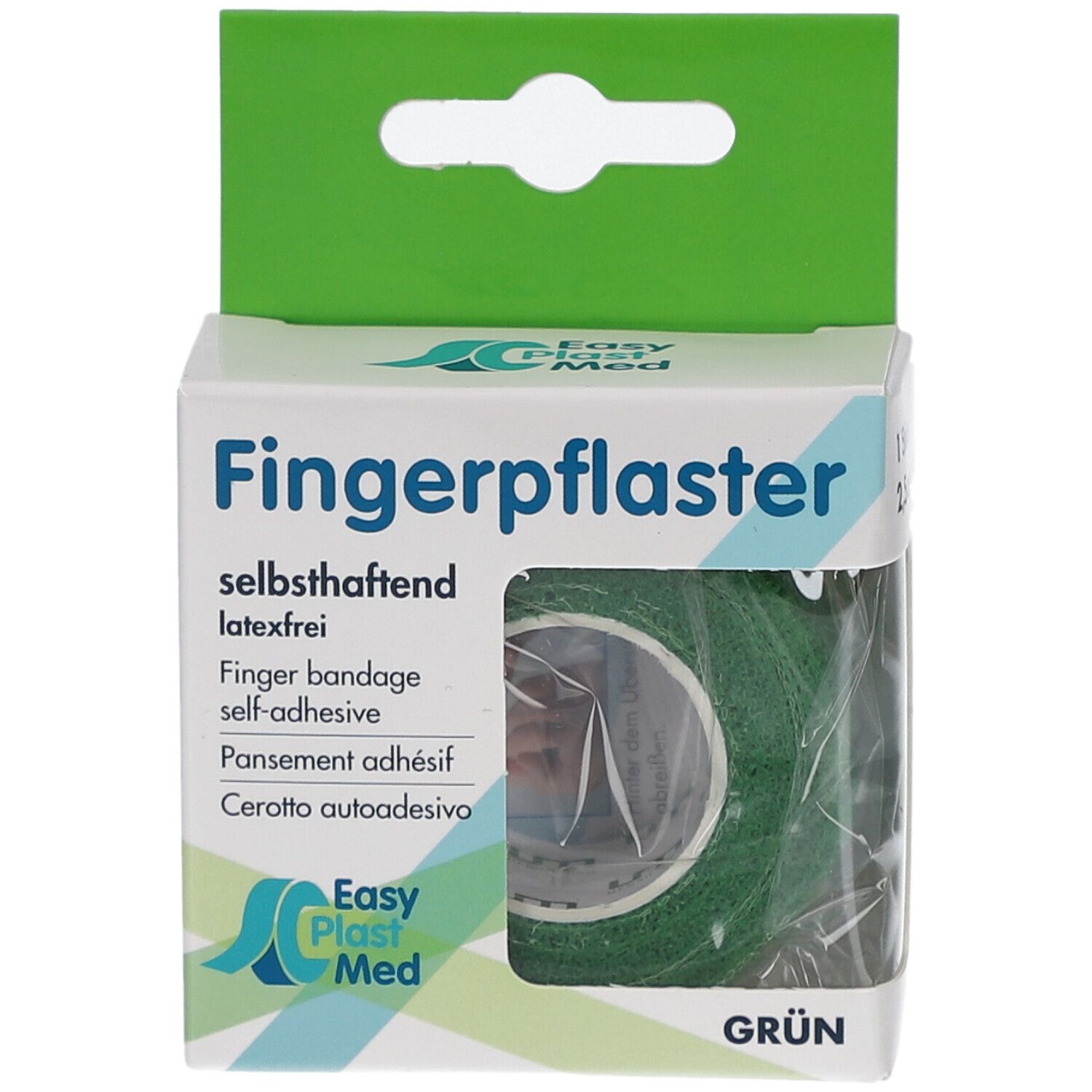 Verpackung mit grünem Fingerpflaster. Selbsthaftend, 2,5cm x 5m. Marke Easy Plast Med. Grün-weiße Verpackung. Sichtfenster.