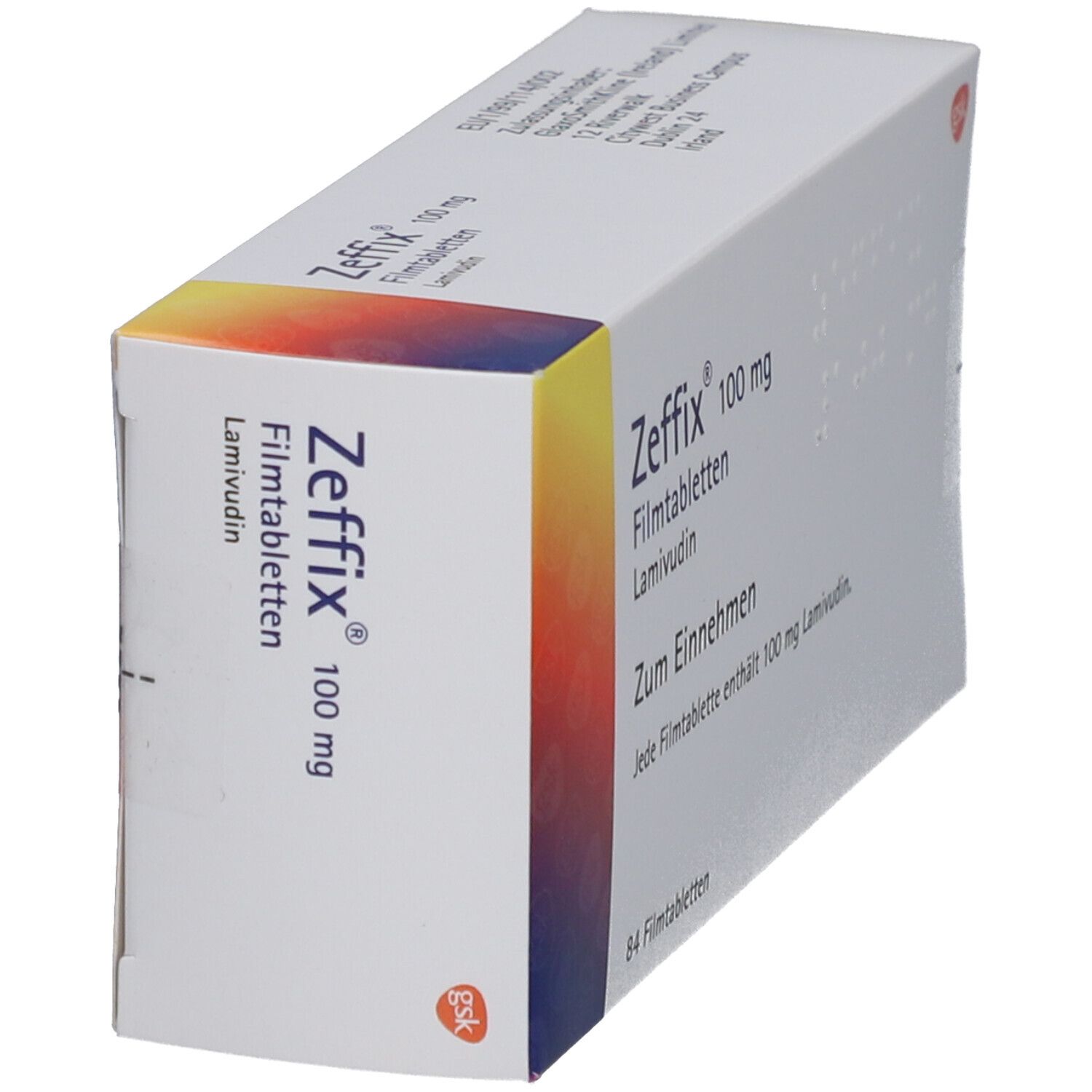 Schachtel mit Zeffix 100 mg Filmtabletten. Aufschrift: Lamivudin, Zum Einnehmen, 84 Filmtabletten. Logo: gsk. Schachtel schräg.
