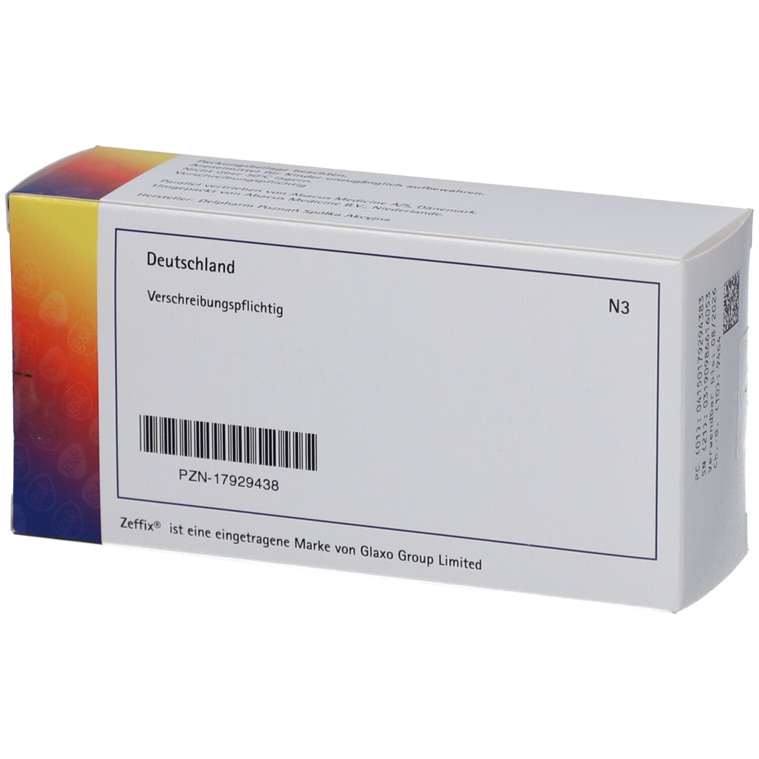 Rückseite der Zeffix-Schachtel. Aufschrift: Deutschland, Verschreibungspflichtig. Barcode und PZN-Nummer. Logo: gsk.