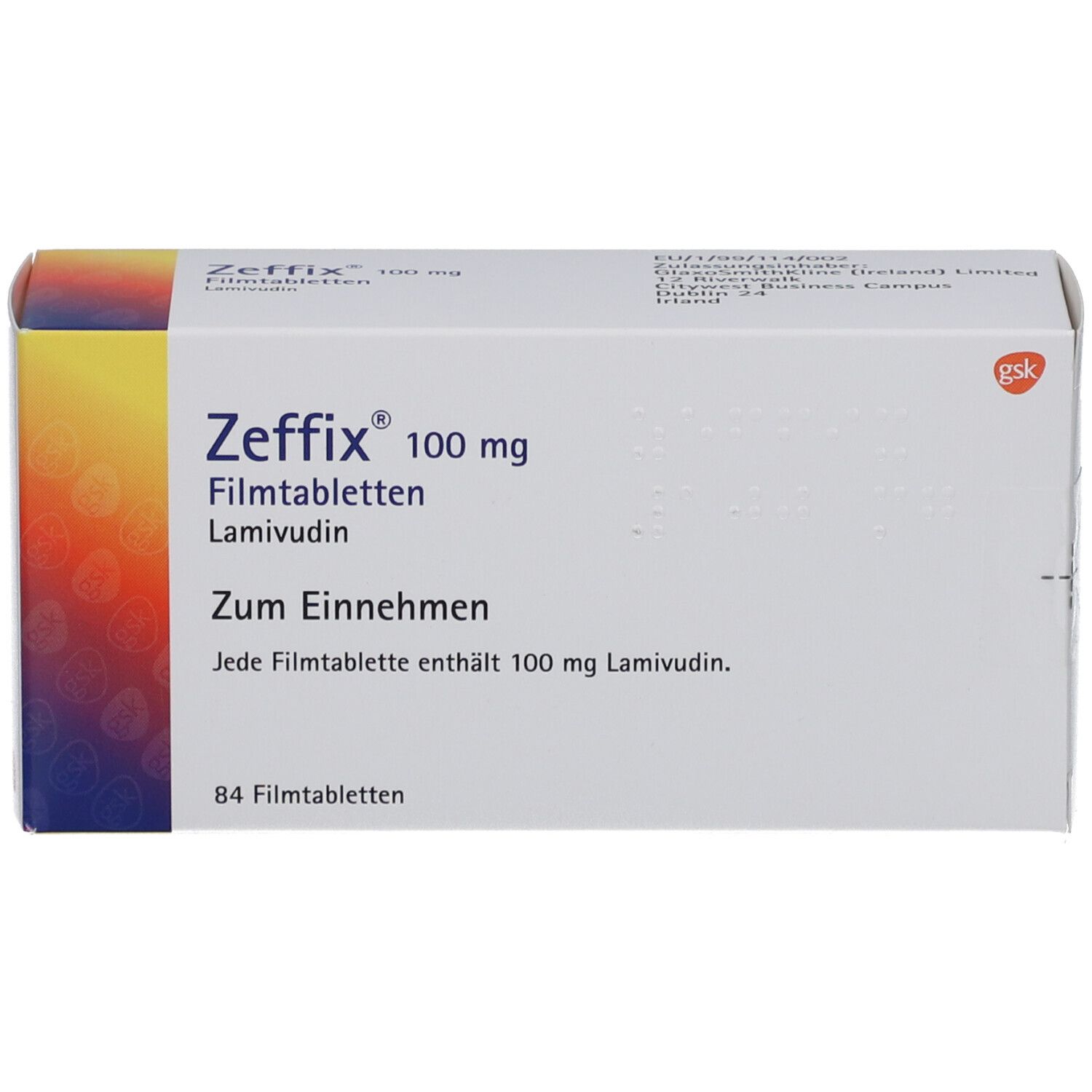 Schachtel mit Zeffix 100 mg Filmtabletten. Aufschrift: Lamivudin, Zum Einnehmen, 84 Filmtabletten. Logo: gsk.