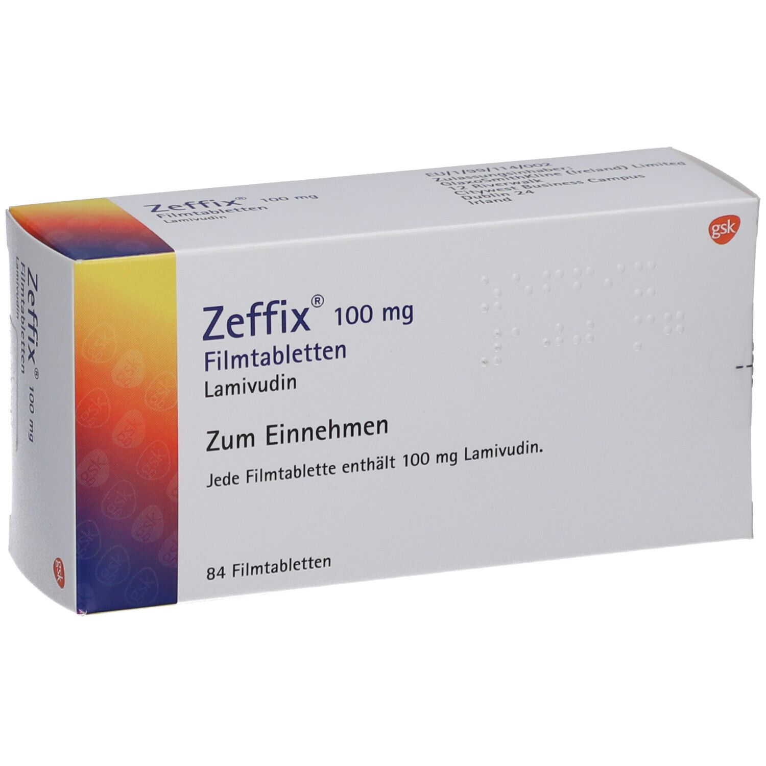 Schachtel mit Zeffix 100 mg Filmtabletten. Aufschrift: Lamivudin, Zum Einnehmen, 84 Filmtabletten. Logo: gsk.