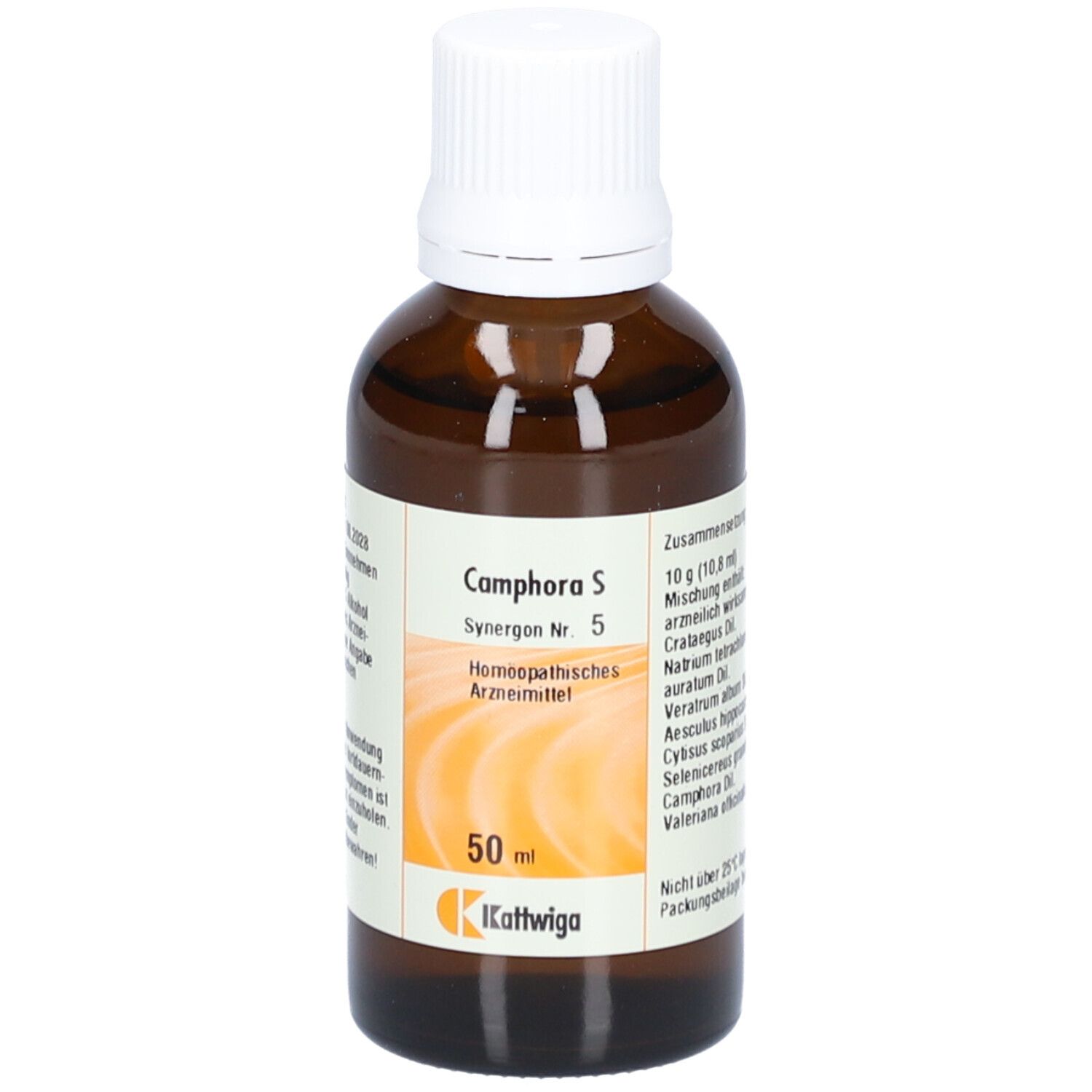 Braune Glasflasche mit weißem Verschluss. Etikett mit Produktnamen, Inhaltsstoffen und Hersteller. 50 ml.