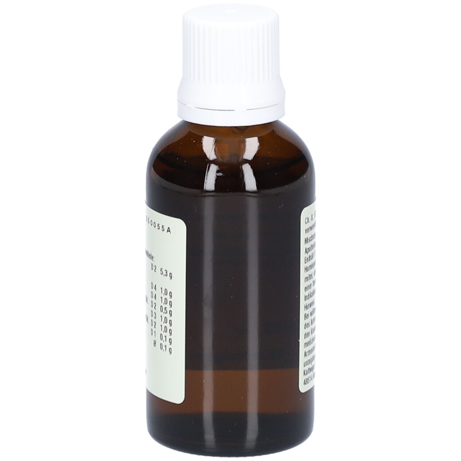 Braune Glasflasche mit weißem Verschluss. Etikett mit Inhaltsstoffen und Dosierungsangaben. Homöopathisches Arzneimittel.