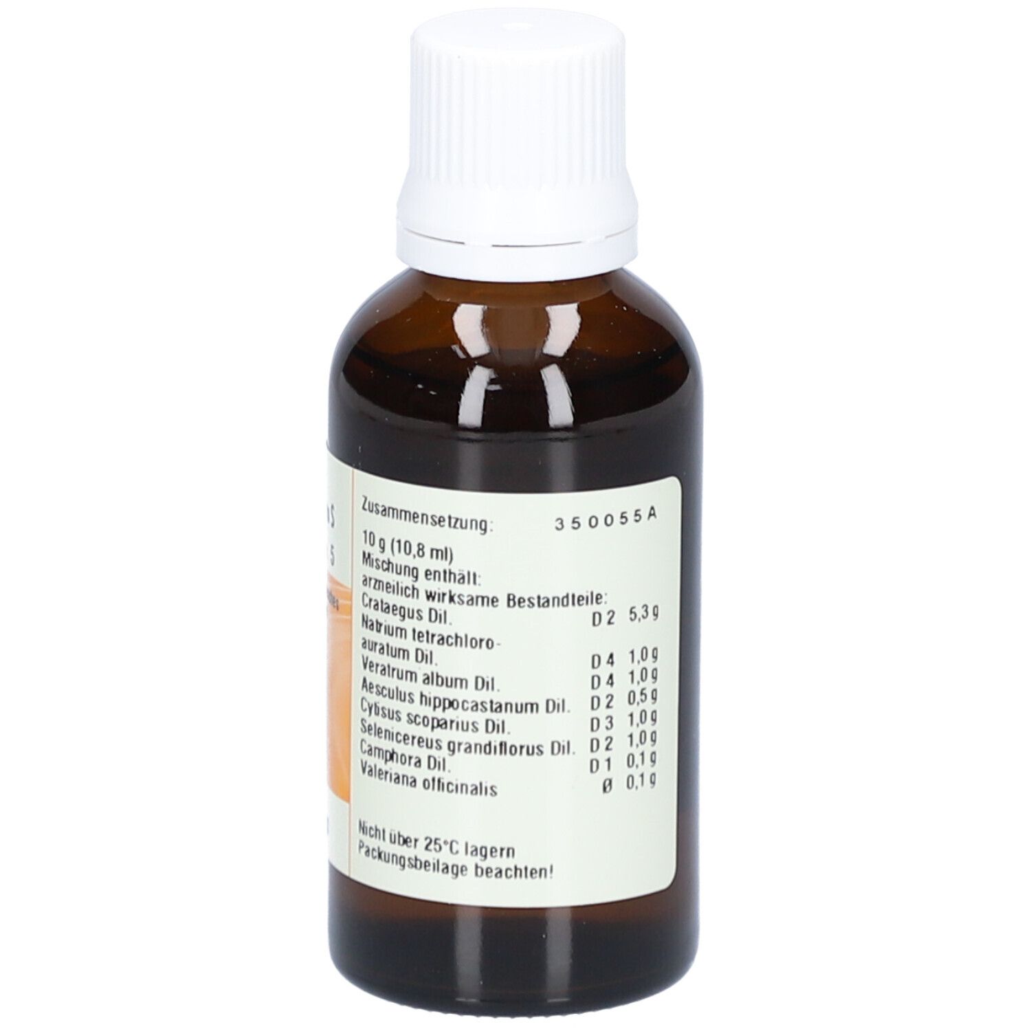 Braune Glasflasche mit weißem Verschluss. Etikett mit Inhaltsstoffen und Dosierungsangaben. Homöopathisches Arzneimittel.