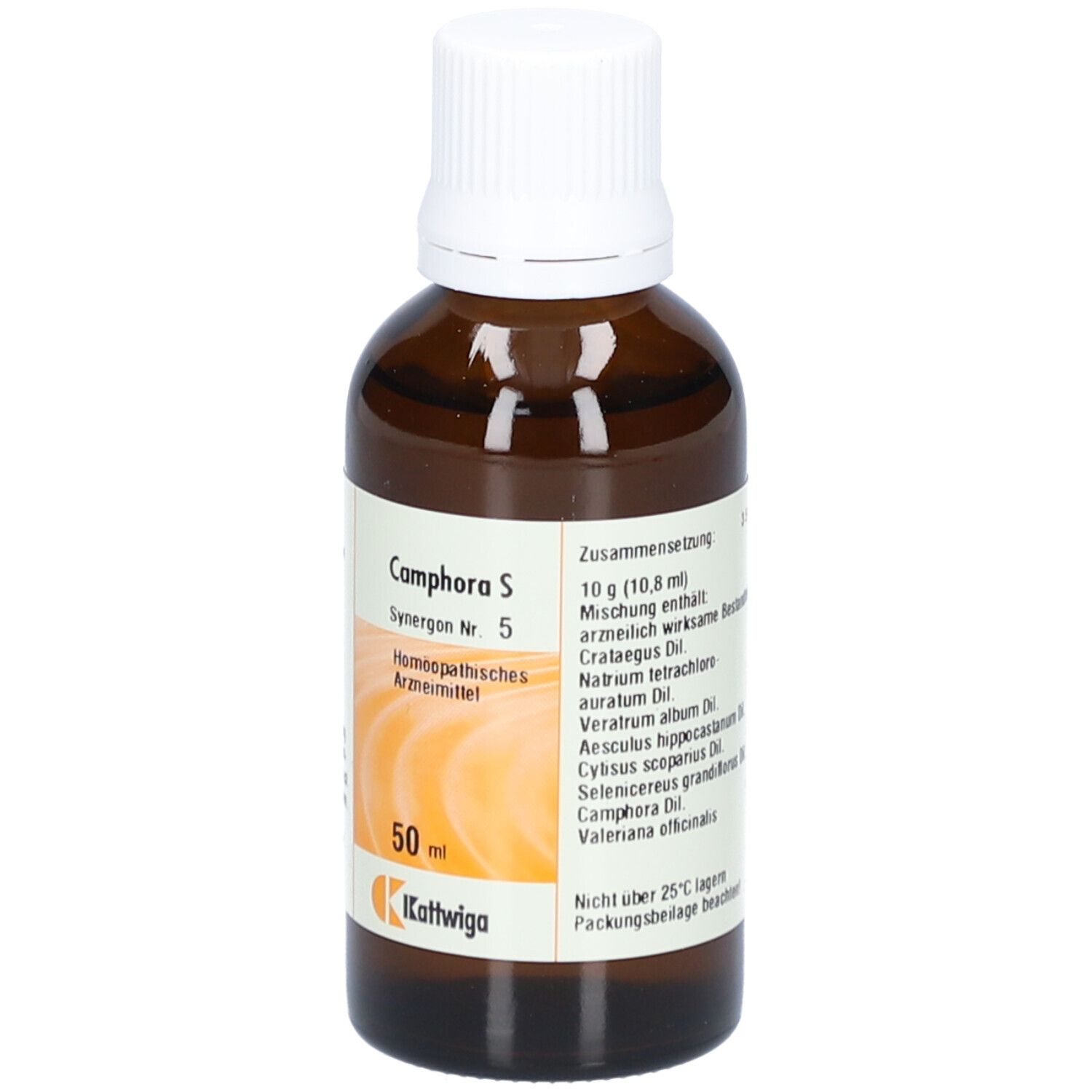Braune Glasflasche mit weißem Verschluss. Etikett mit Produktnamen, Inhaltsstoffen und Hersteller. 50 ml.