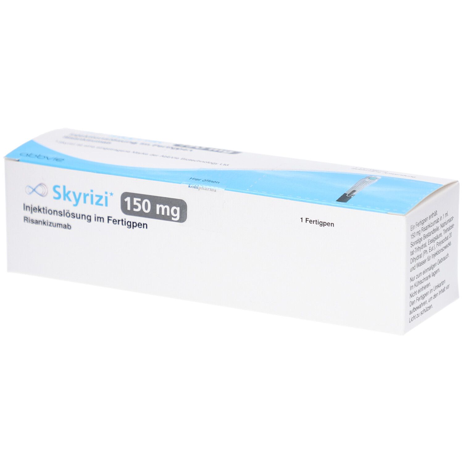Schachtel mit SKYRIZI 150 mg Injektionslösung im Fertigpen. Blaue und weiße Verpackung. Text: Risankizumab.