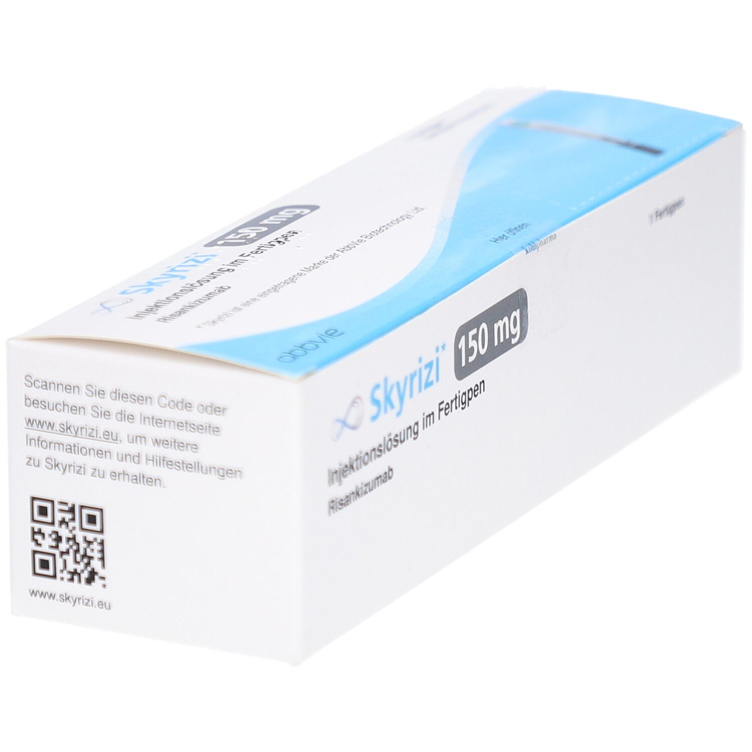 Schachtel SKYRIZI 150 mg Injektionslösung im Fertigpen. Weiße Verpackung mit blauem Streifen. QR-Code und Text.