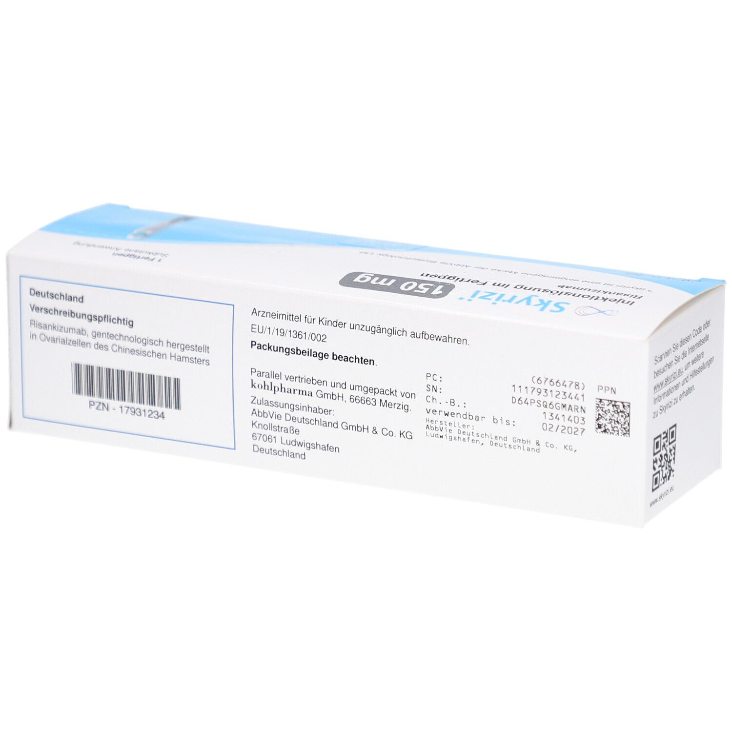 Rückseite der Schachtel SKYRIZI 150 mg Injektionslösung im Fertigpen. Text in deutscher Sprache. PZN-Nummer.