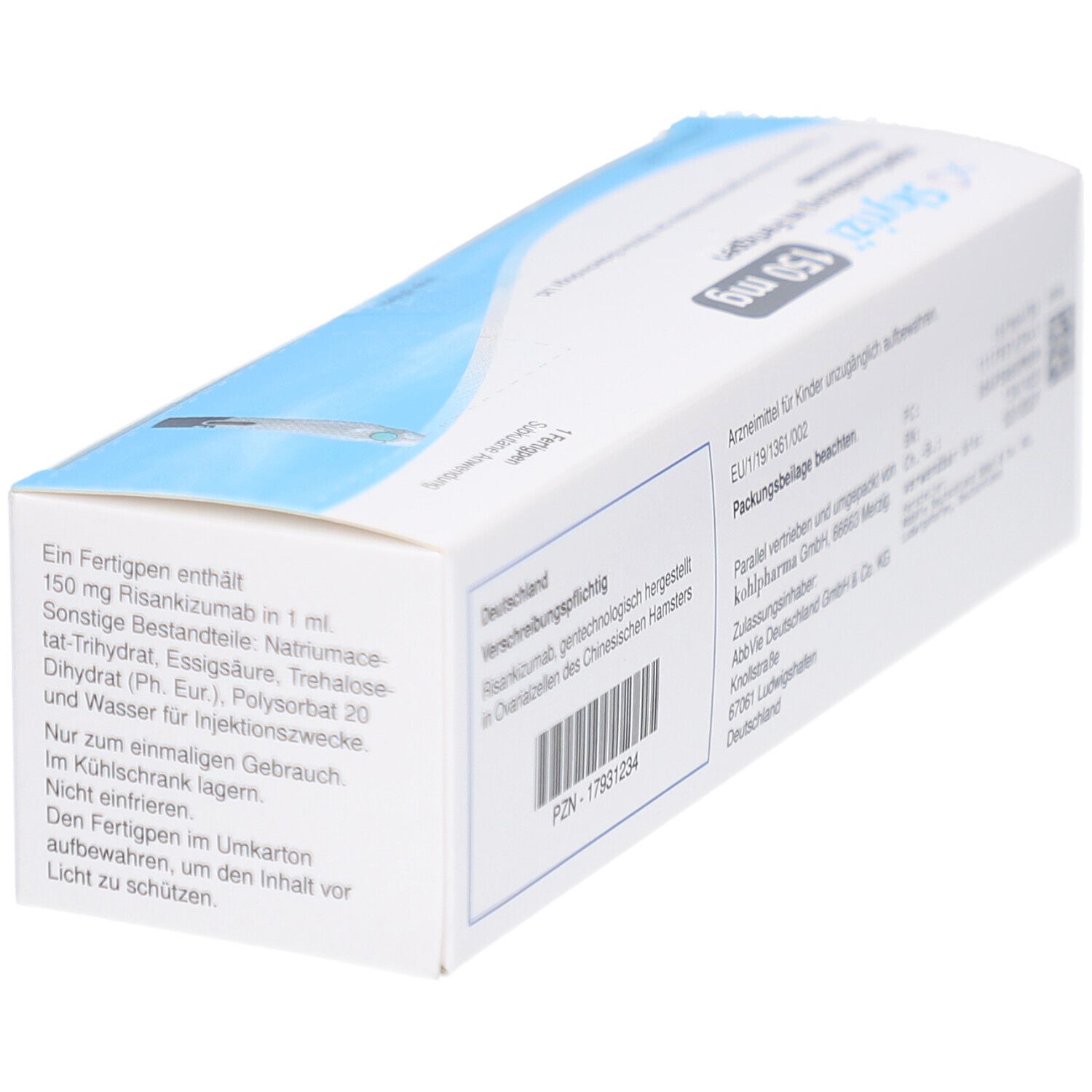 Unterseite der Schachtel SKYRIZI 150 mg Injektionslösung im Fertigpen. Text in deutscher Sprache. Barcode und PZN.