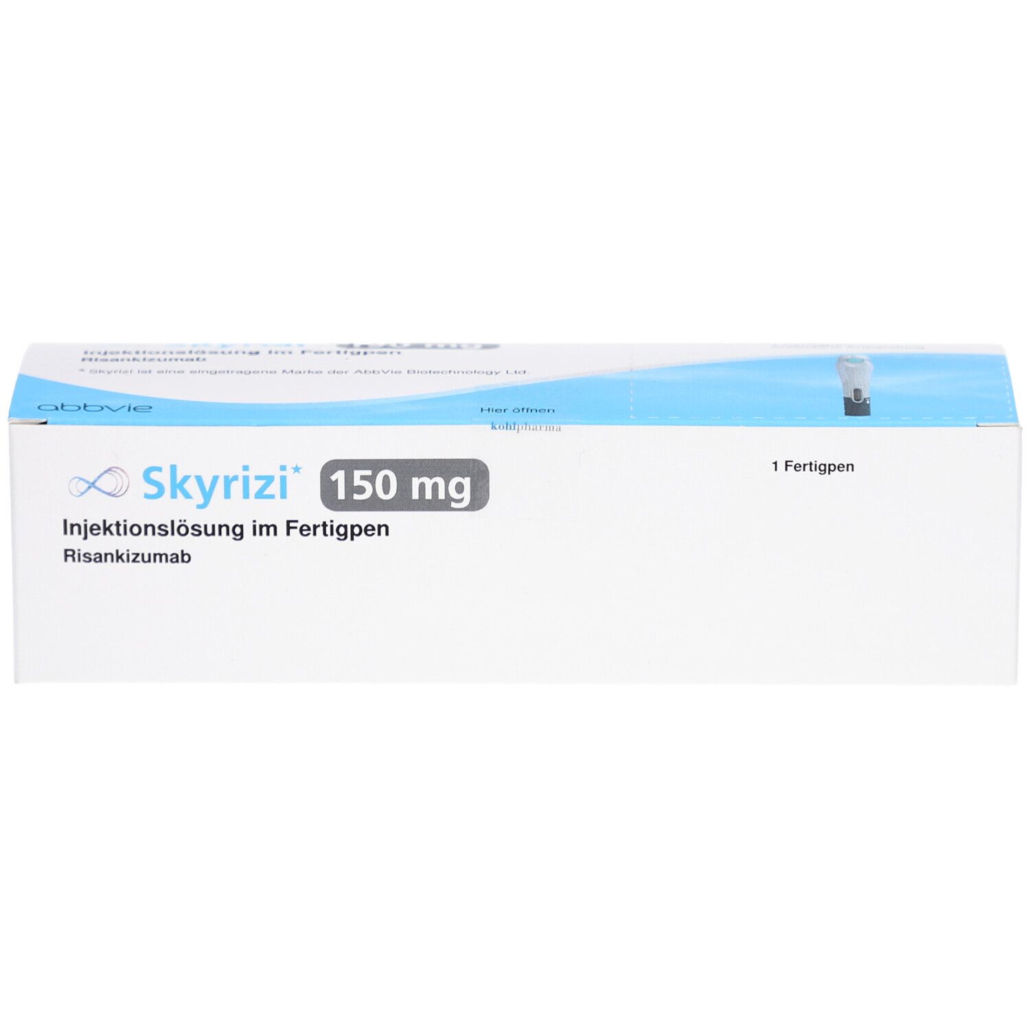 Schachtel SKYRIZI 150 mg Injektionslösung im Fertigpen. Weiße Verpackung mit blauem Streifen. Text: 1 Fertigpen.