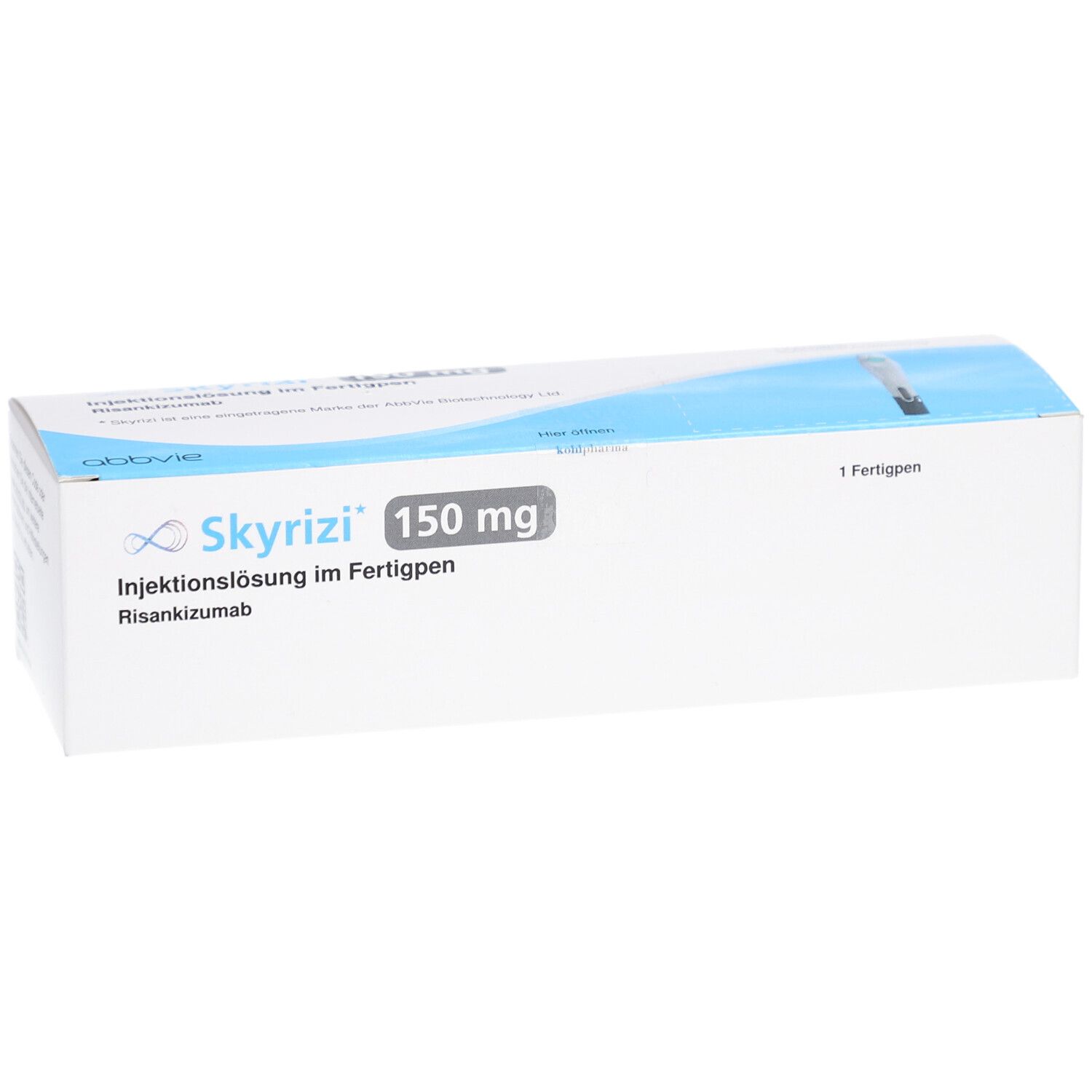 Schachtel SKYRIZI 150 mg Injektionslösung im Fertigpen. Weiße Verpackung mit blauem Streifen. Text: 1 Fertigpen.