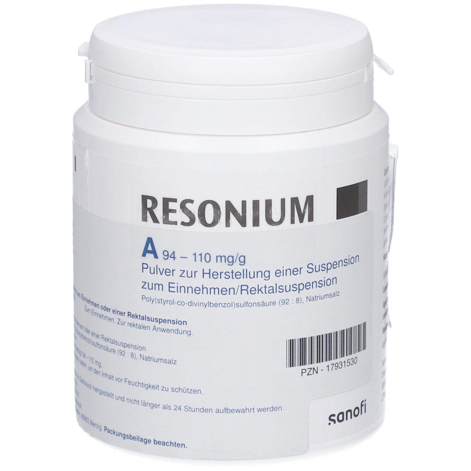 Weiße Dose mit RESONIUM A. Beschriftung: Pulver zur Herstellung einer Suspension. Barcode und PZN-Nummer.