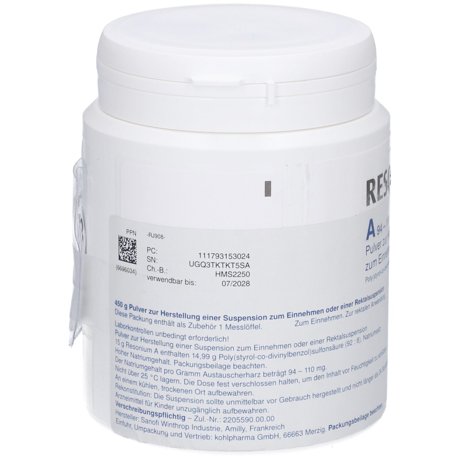 Weiße Dose mit RESONIUM A. Aufkleber mit Informationen. Barcode und weitere Codes. Herstellerinformationen.