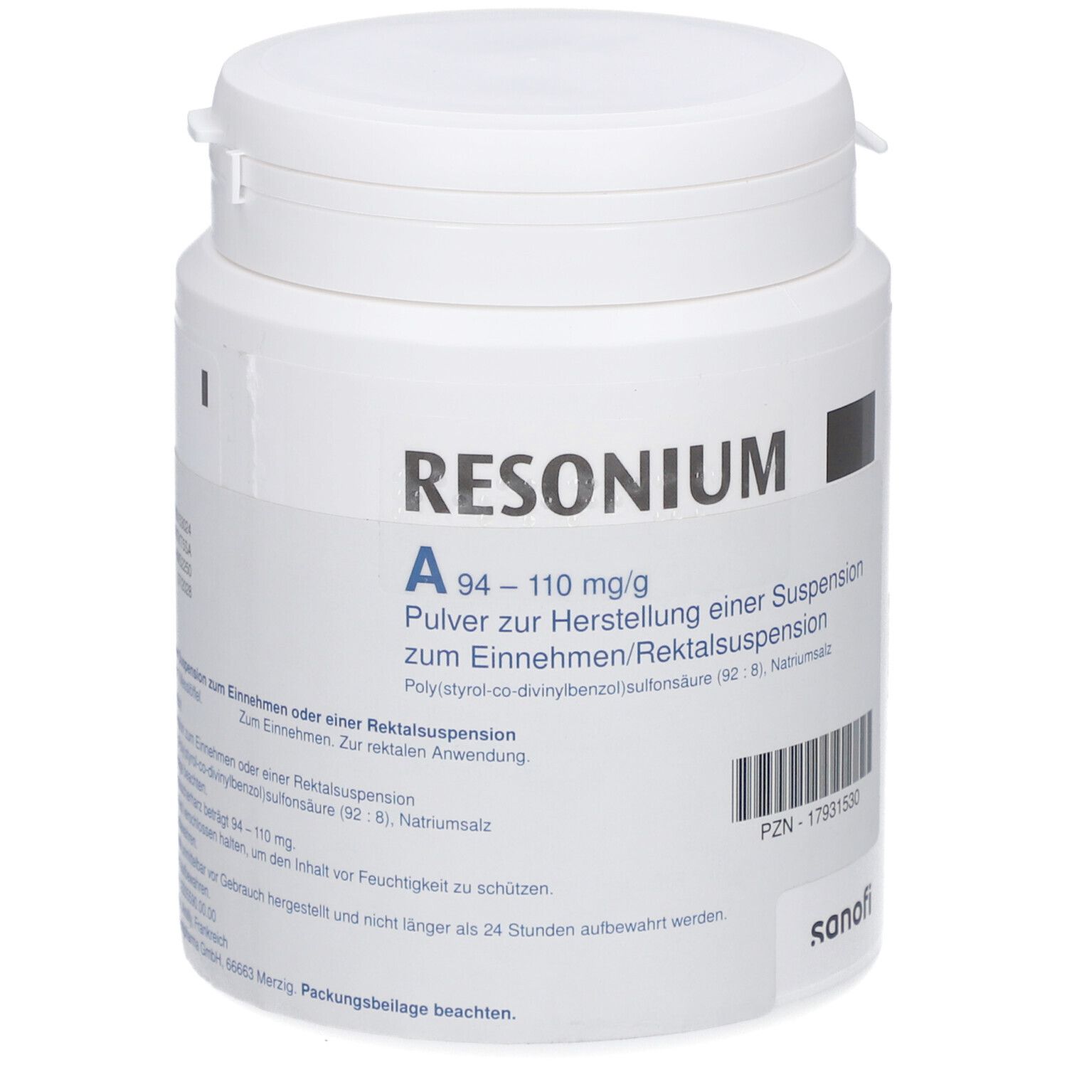 Weiße Dose mit RESONIUM A. Beschriftung: Pulver zur Herstellung einer Suspension. Barcode und PZN-Nummer.