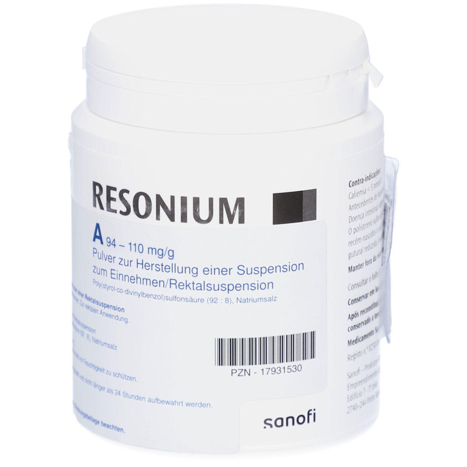 Weiße Dose mit RESONIUM A. Beschriftung: Pulver zur Herstellung einer Suspension. Barcode und PZN-Nummer.