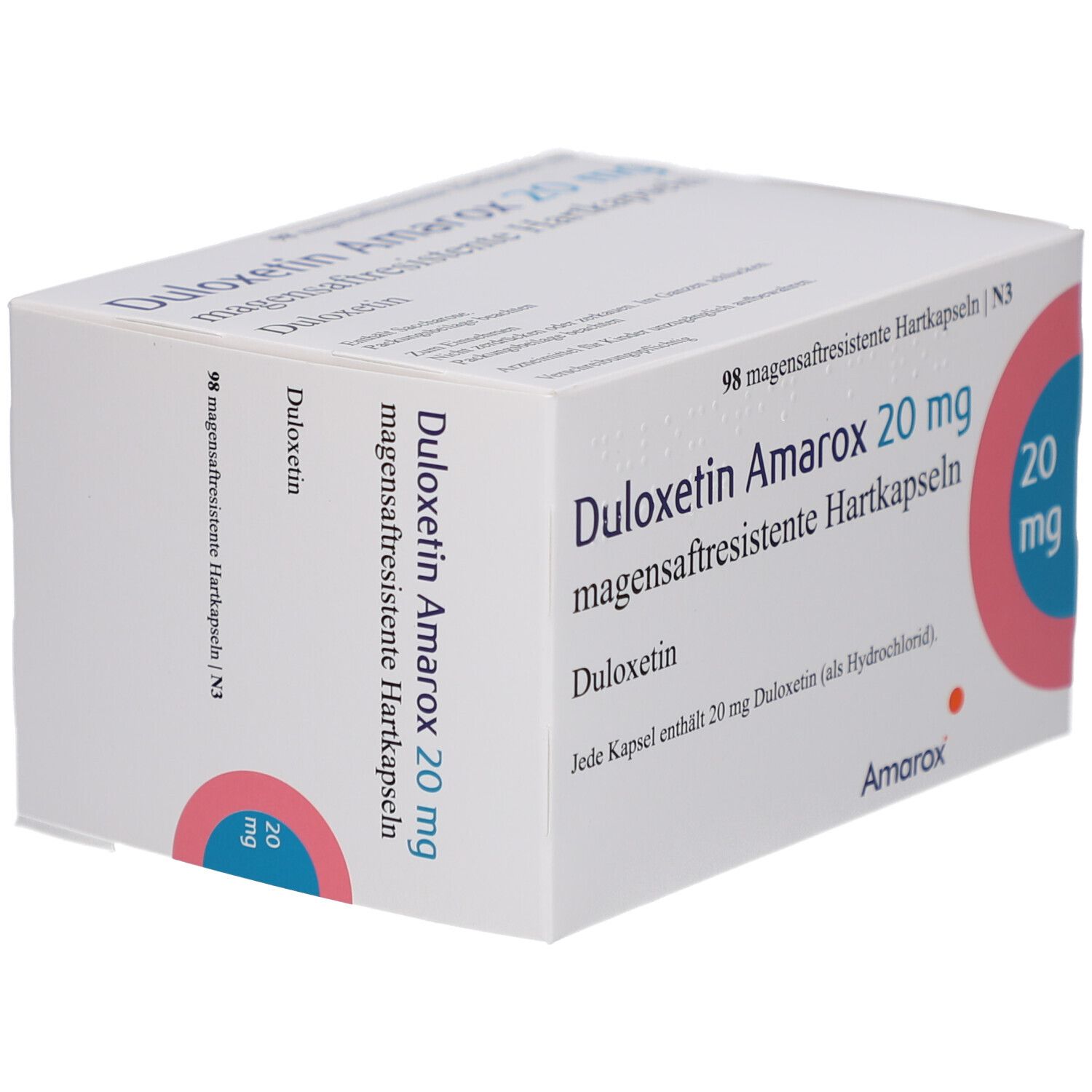 Weiße Arzneimittelverpackung. Aufschrift: Duloxetin Amarox 20 mg magensaftresistente Hartkapseln. Rosa Kreis mit 20 mg.