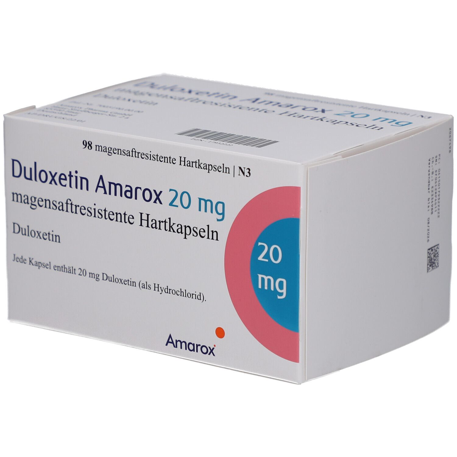 Weiße Arzneimittelverpackung. Aufschrift: Duloxetin Amarox 20 mg magensaftresistente Hartkapseln. Rosa Kreis mit 20 mg.