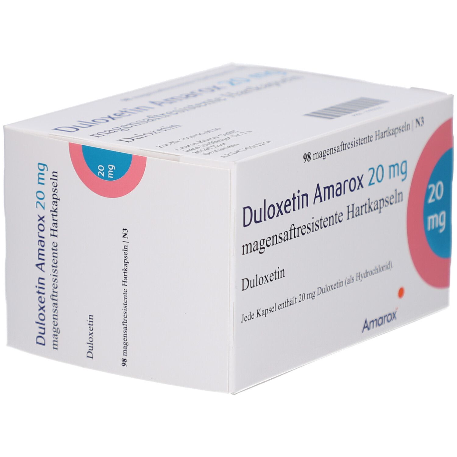 Weiße Arzneimittelverpackung. Aufschrift: Duloxetin Amarox 20 mg magensaftresistente Hartkapseln. Rosa Kreis mit 20 mg.