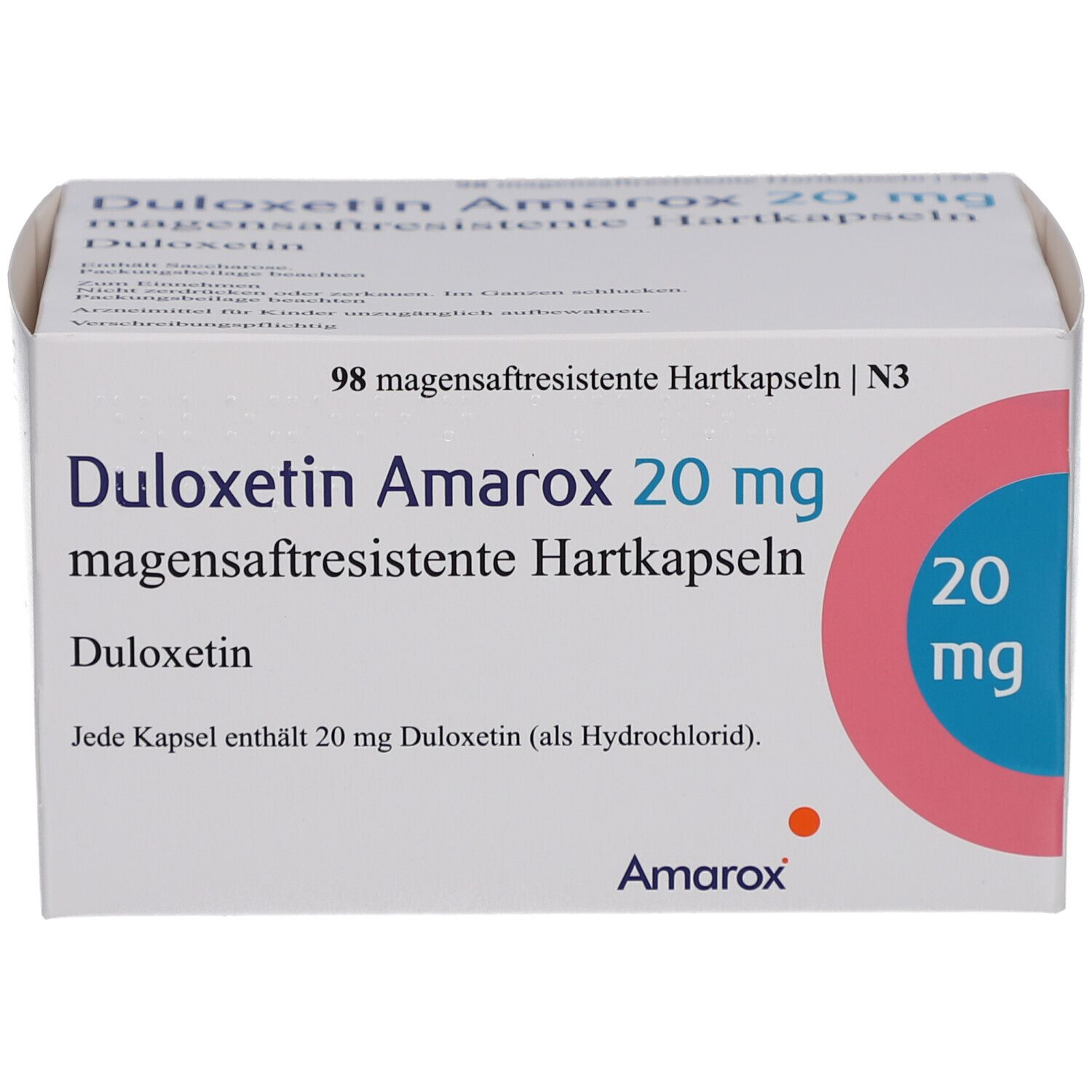 Weiße Arzneimittelverpackung. Aufschrift: Duloxetin Amarox 20 mg magensaftresistente Hartkapseln. Rosa Kreis mit 20 mg.