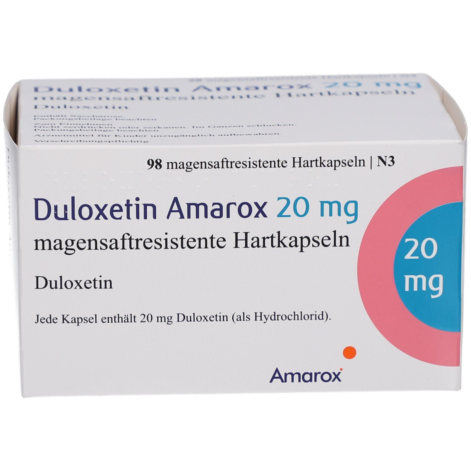 Weiße Arzneimittelverpackung. Aufschrift: Duloxetin Amarox 20 mg magensaftresistente Hartkapseln. Rosa Kreis mit 20 mg.