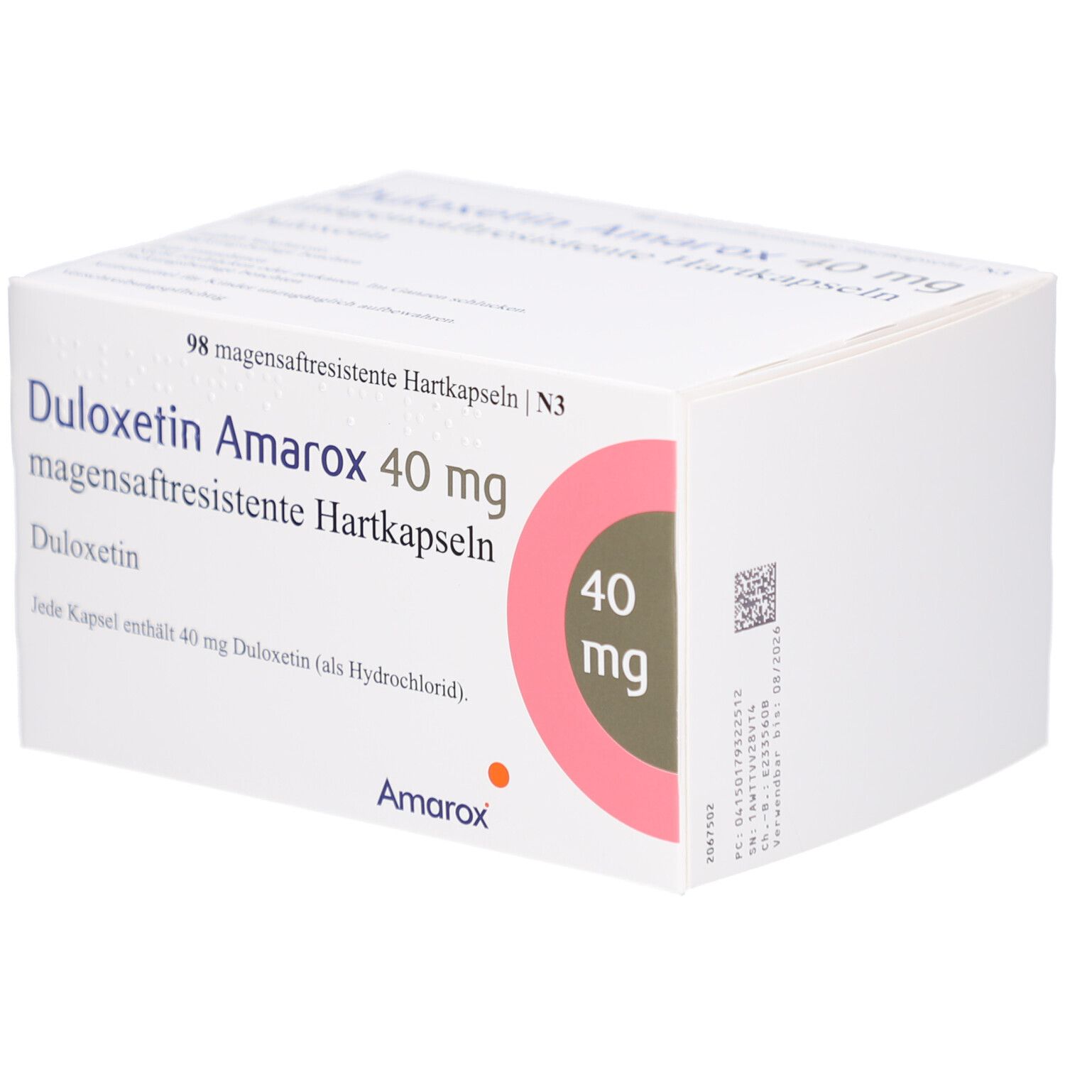 Weiße Arzneimittelverpackung. Aufdruck: Duloxetin Amarox 40 mg, magensaftresistente Hartkapseln. Rosa Kreis mit 40 mg. Marke Amarox.