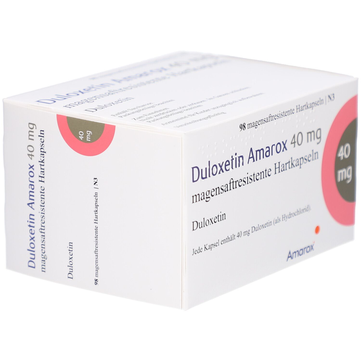 Arzneimittelverpackung, weiß. Aufdruck: Duloxetin Amarox 40 mg, magensaftresistente Hartkapseln. Rosa Kreis mit 40 mg. Marke Amarox.