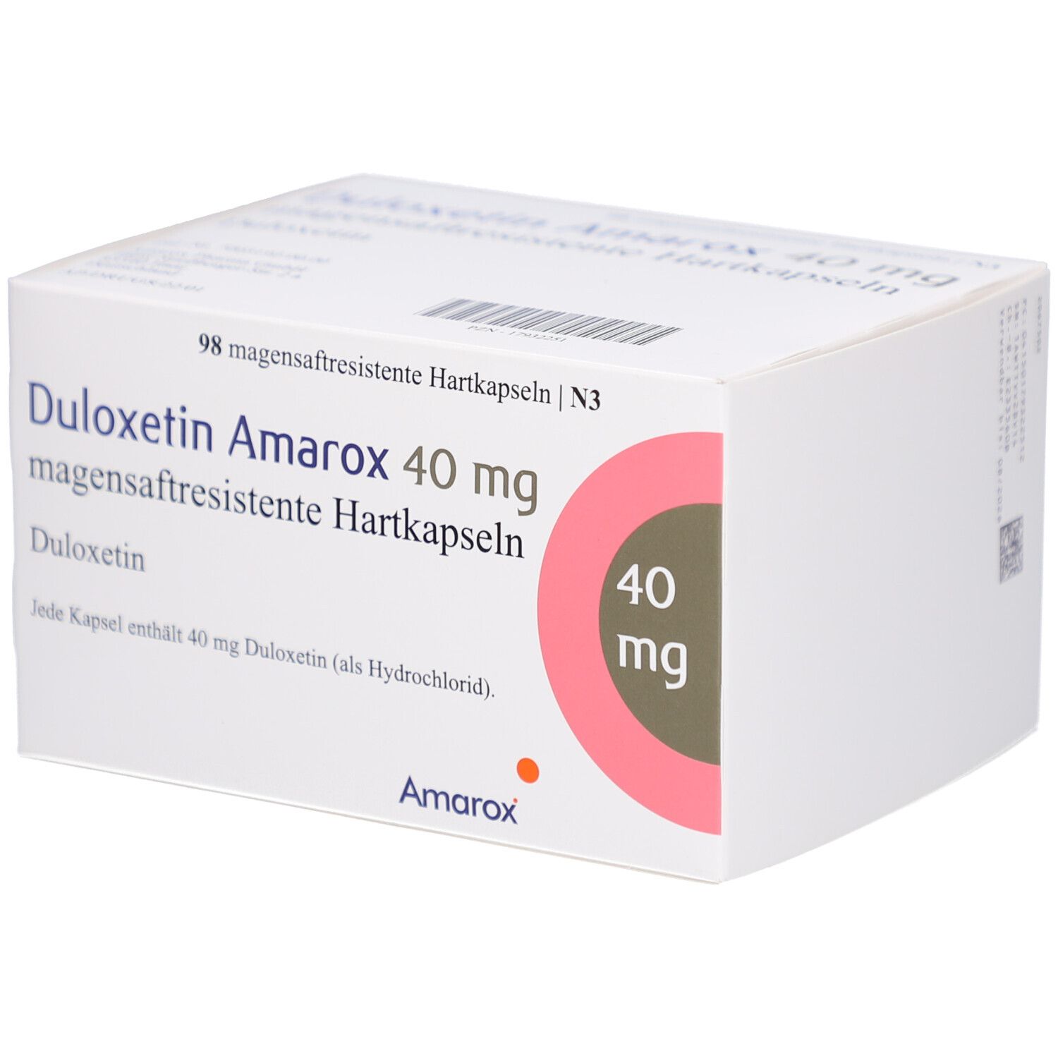 Weiße Arzneimittelverpackung. Aufdruck: Duloxetin Amarox 40 mg, magensaftresistente Hartkapseln. Rosa Kreis mit 40 mg. Marke Amarox.