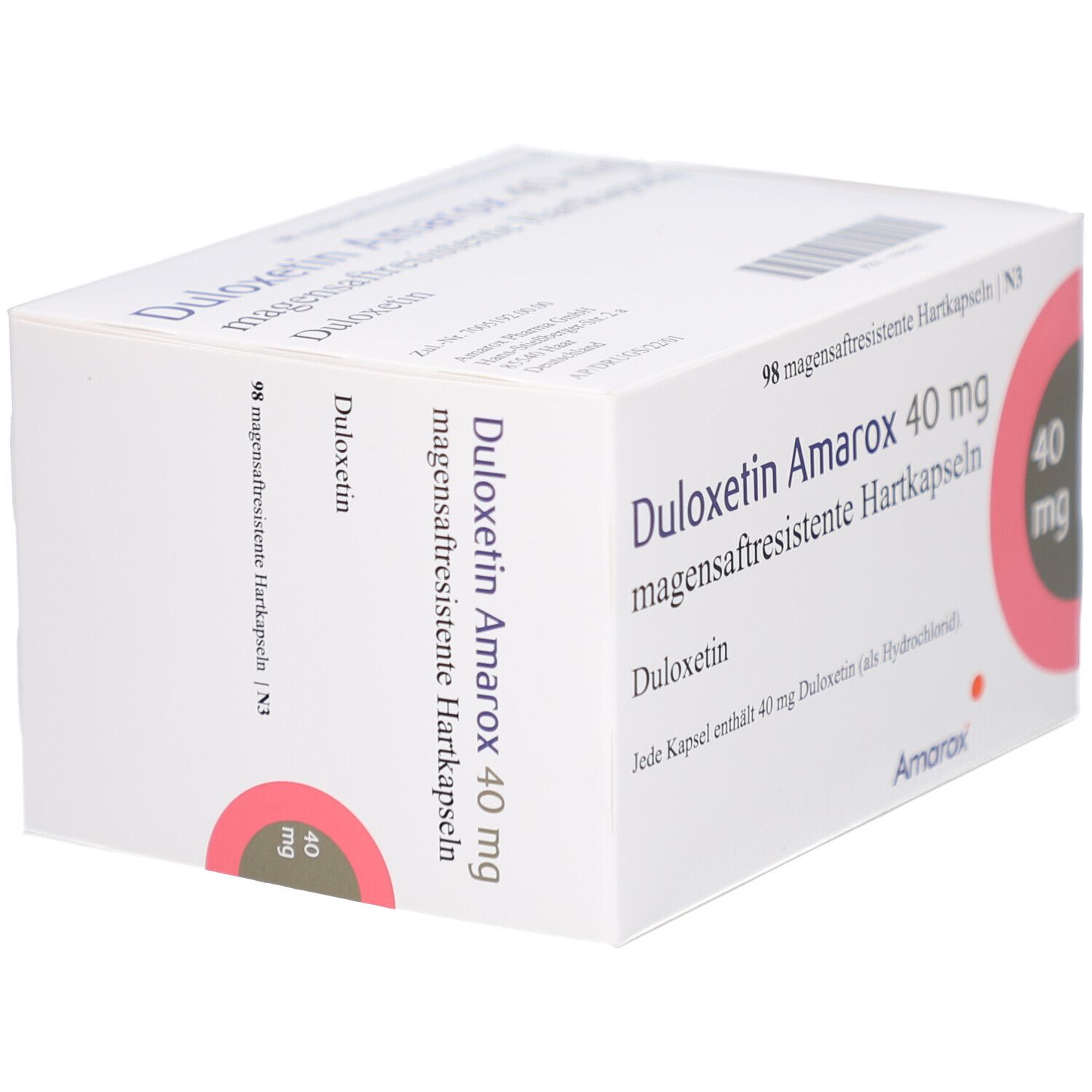 Weiße Arzneimittelverpackung. Aufdruck: Duloxetin Amarox 40 mg, magensaftresistente Hartkapseln. Rosa Kreis mit 40 mg. Marke Amarox.
