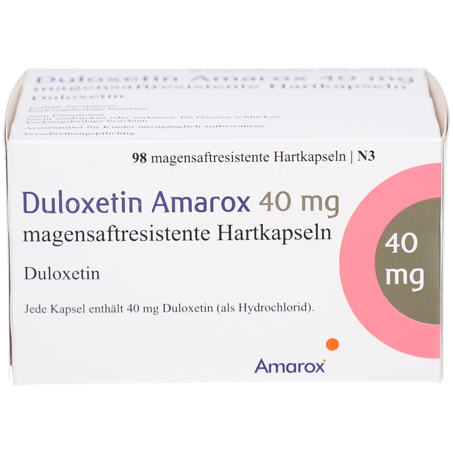 Weiße Arzneimittelverpackung. Aufdruck: Duloxetin Amarox 40 mg, magensaftresistente Hartkapseln. Rosa Kreis mit 40 mg. Marke Amarox.