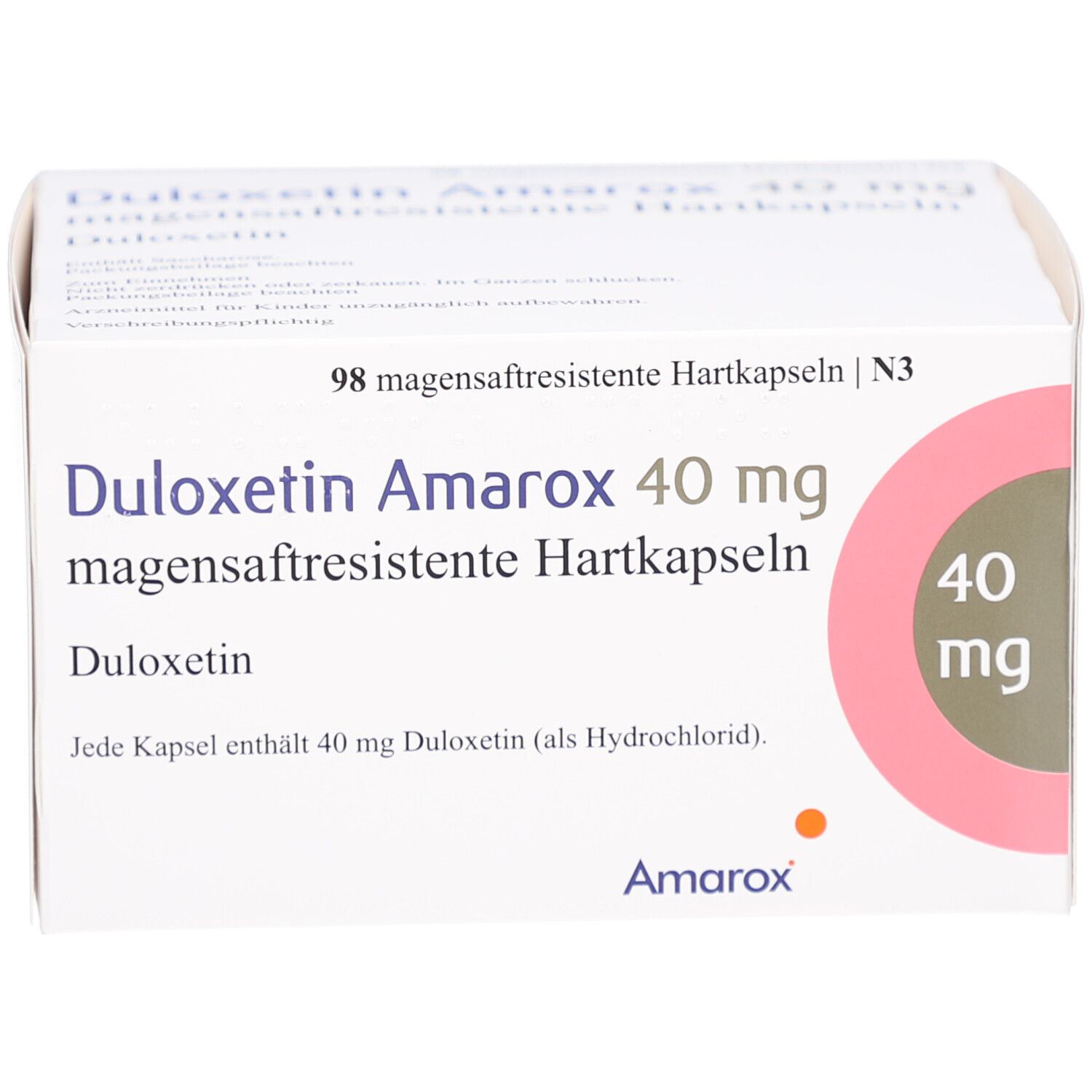 Weiße Arzneimittelverpackung. Aufdruck: Duloxetin Amarox 40 mg, magensaftresistente Hartkapseln. Rosa Kreis mit 40 mg. Marke Amarox.