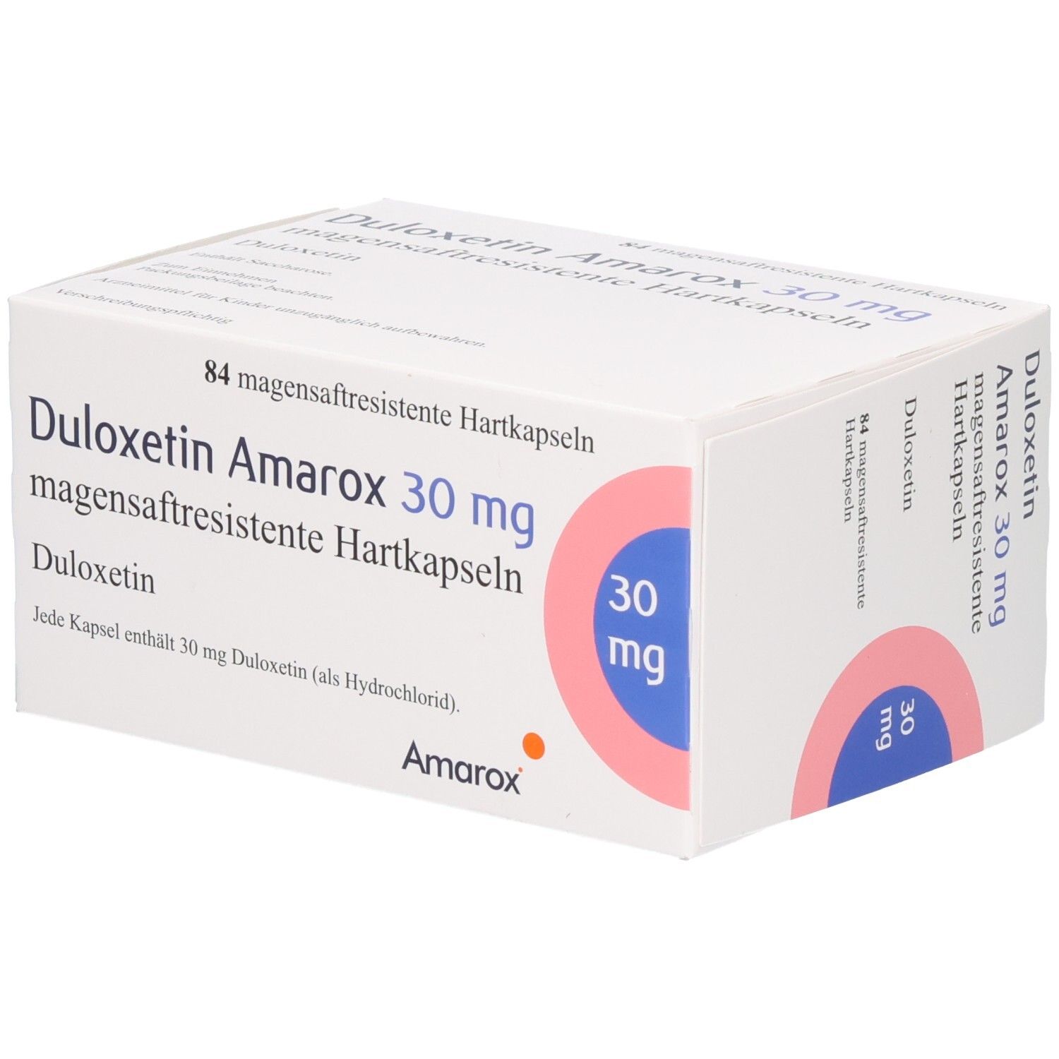 DULOXETIN Amarox 30 mg magensaftresistente Hartkapseln. Weiße Schachtel mit Produktinformationen und Logo.